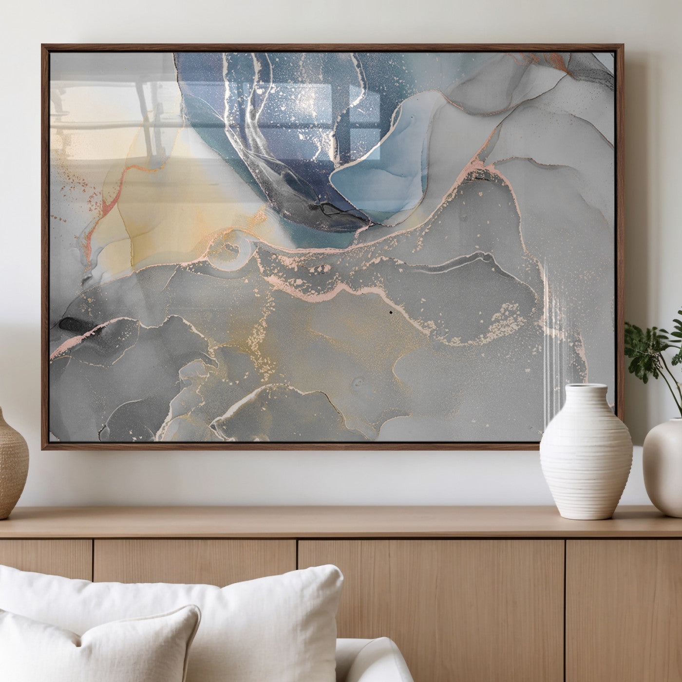MGV-FP-36X24-3P - Large Abstract Blue and Gold Canvas Wall Art | Fluid Ink Artwork Print | Luxury Wall Decor for