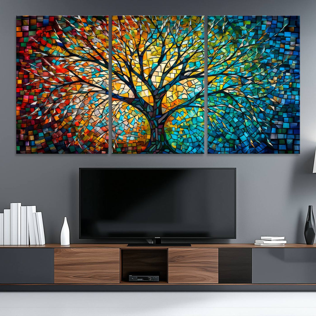 Explore the Yggdrasil Tree of Life Wall Art Print, a 3-panel canvas print made in the USA, featuring a vibrant multicolor mosaic design.