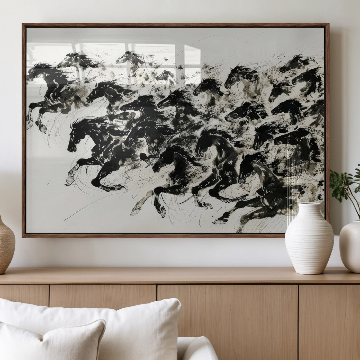 MGV-FP-60X30-3P - Abstract Horse Wall Art Canvas Print - Dynamic Black Ink Horse Print - Modern Equine Wall Decor for