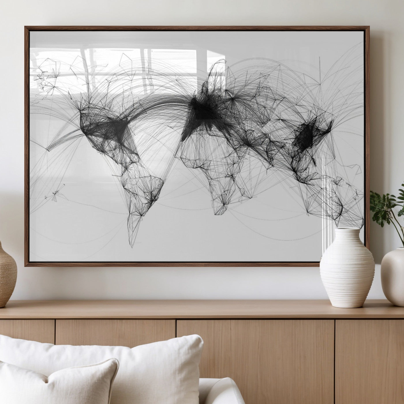 50136-MGV-FP-36X24-3P_Walnut-Abstract World Map Wall Art – Framed Geometric Line Canvas Artwork, Modern Global Design, Contemporary Decor for Home, Office