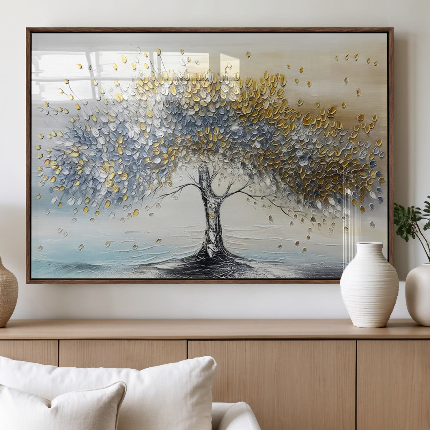 MGV-FP-36X24-3P - Golden & Silver Tree of Life Wall Art – Canvas Print with Whimsical Leaves Elegant Nature Design, Decorative Home, Office or Guest Room Decor