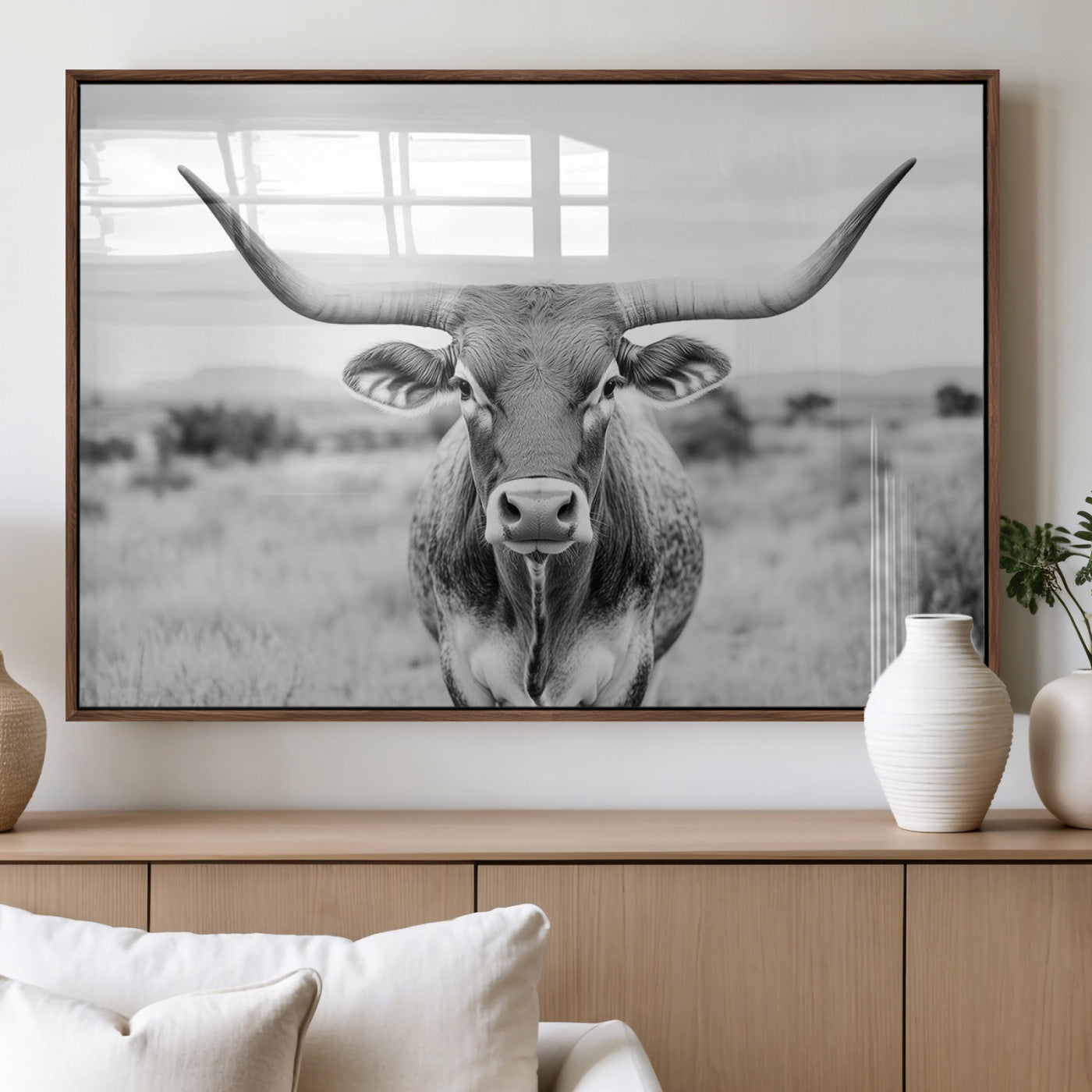 MGV-FP-60X30-3P - Highland Cow Wall Art Print - Black and White Texas Western Longhorn Canvas - Farmhouse Decor Print