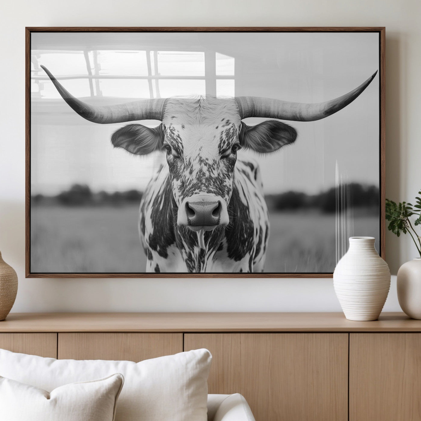 MGV-FP-60X30-3P - Highland Cow Wall Art - Black and White Western Longhorn Canvas Print - Farmhouse Living Room Decor