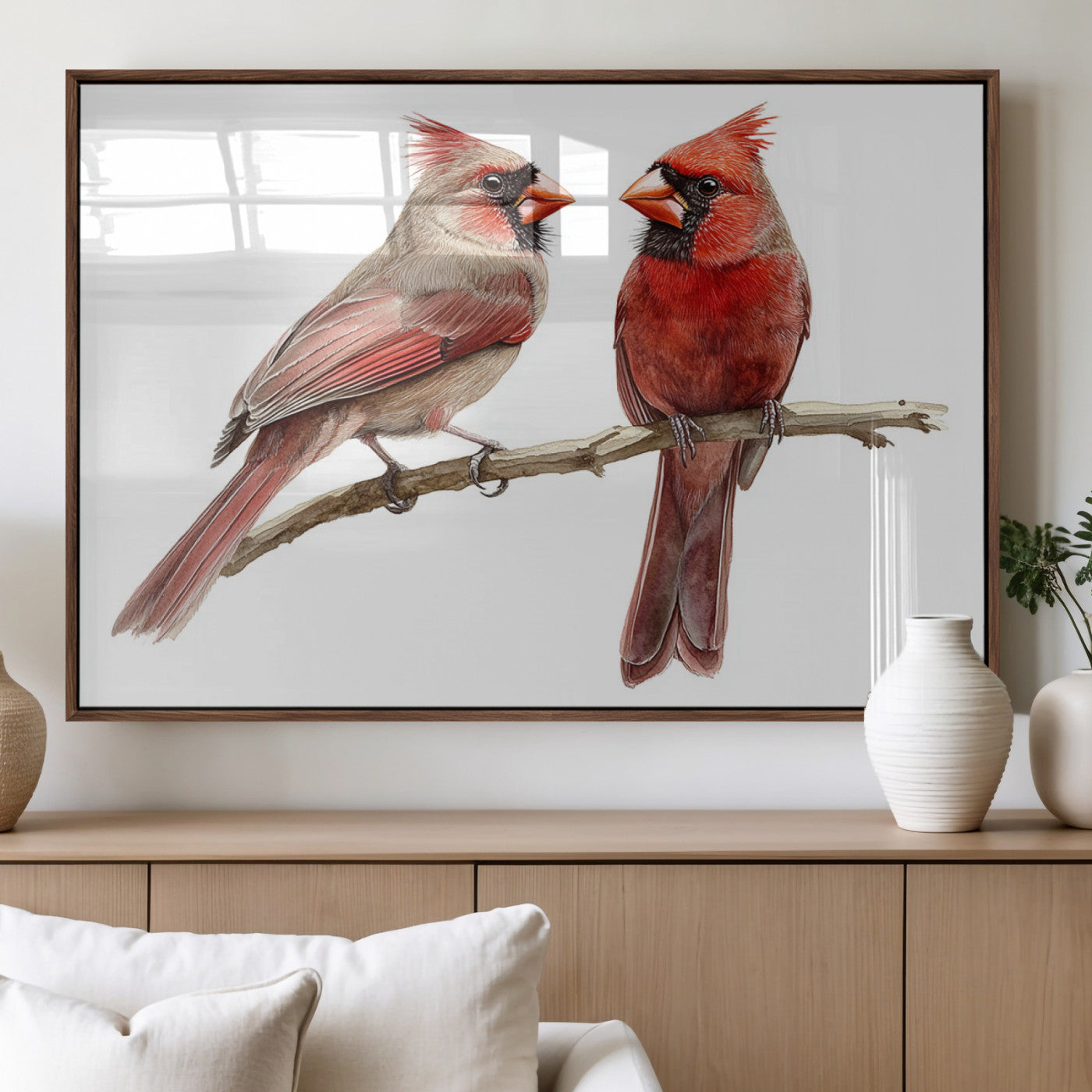 MGV-FP-60X30-3P - Cardinal Bird Canvas Wall Art - Male and Female Cardinal Print - Abstract Bird Wall Decor for Home -
