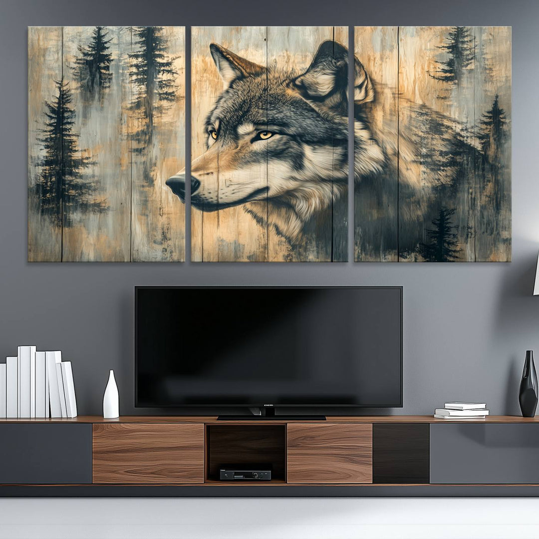 A Wood Style Rustic Wolf Wall Art Canvas Print adorns the kitchen.