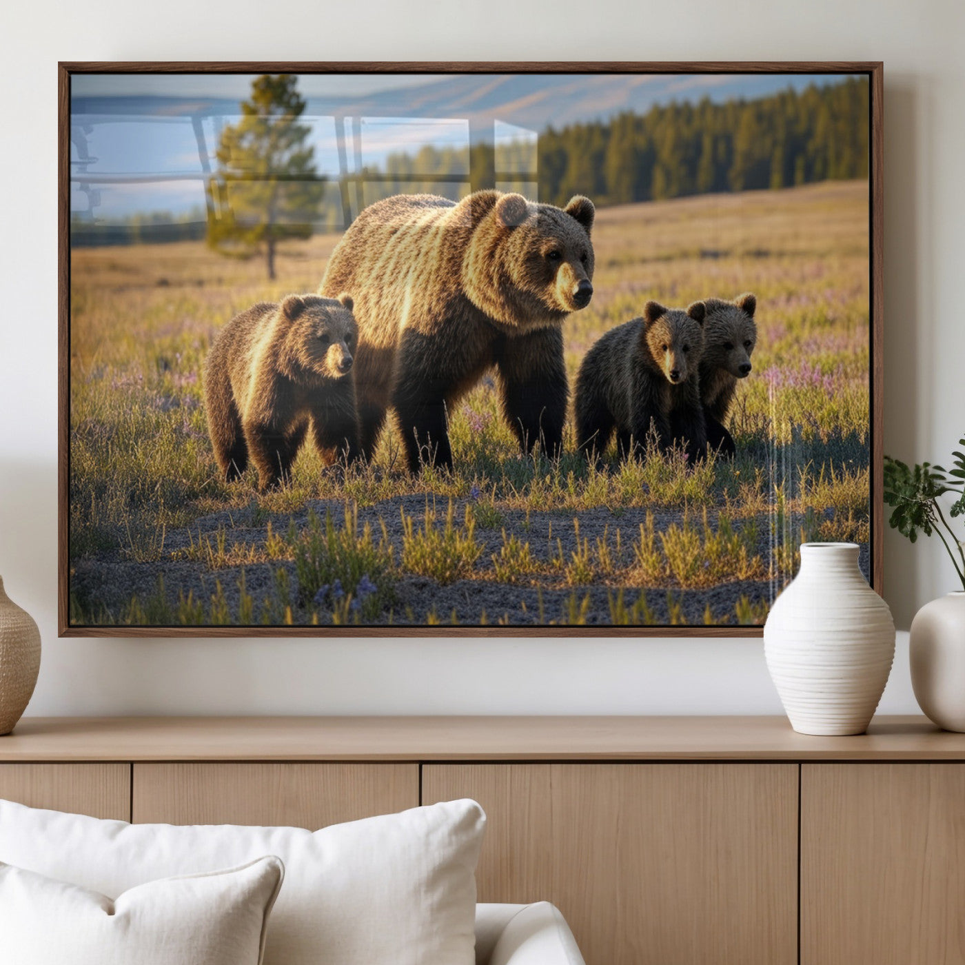 MGV-FP-60X30-3P - Grizzly 399 in Wild Flowers Wall Art Canvas Print, Grizzly Bears Wall Art, Queen of Grand Teton