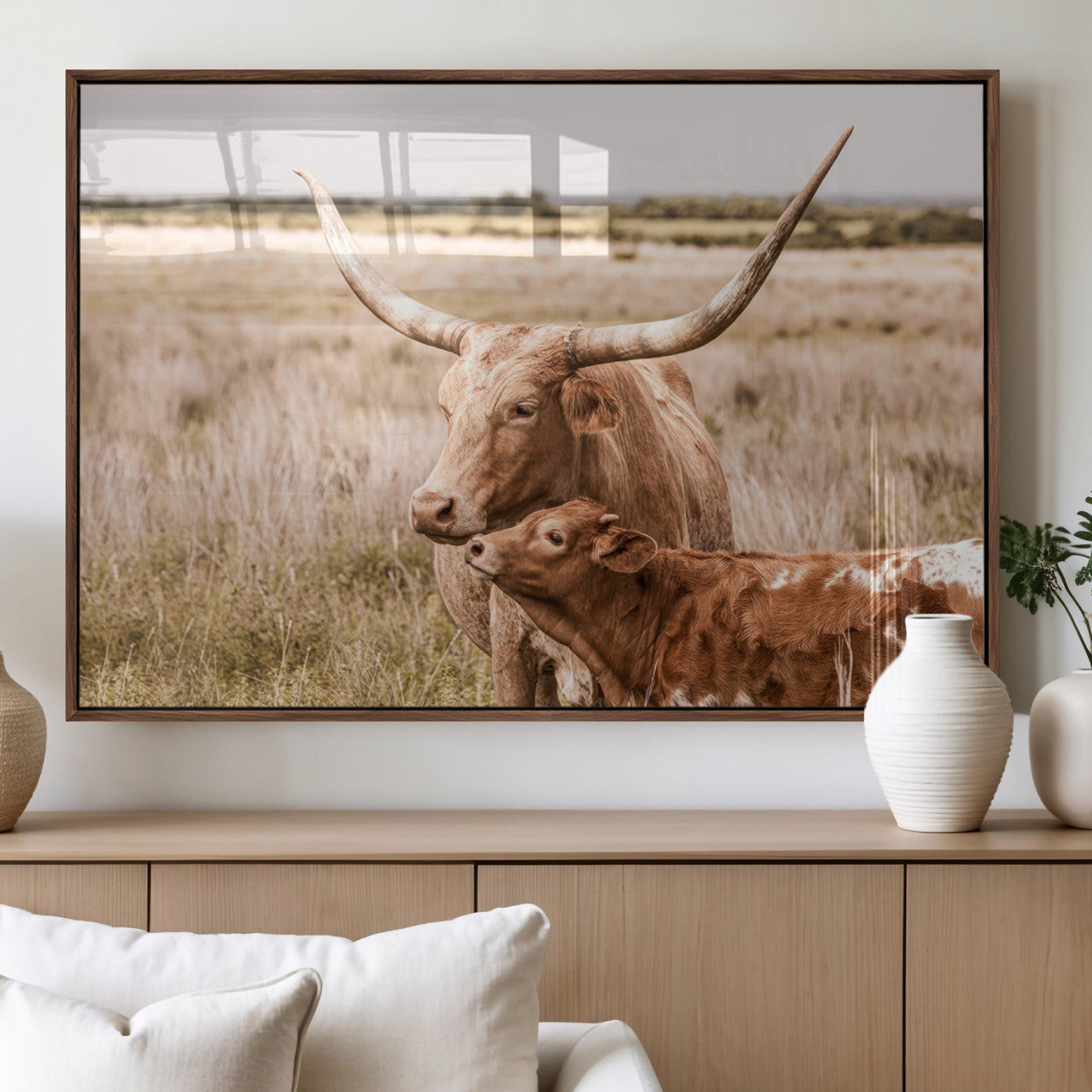 MGV-FP-60X30-3P - Texas Longhorn Cow Wall Art Canvas Print for Farmhouse Wall Art, Texas Decor, Western Wall Art Print