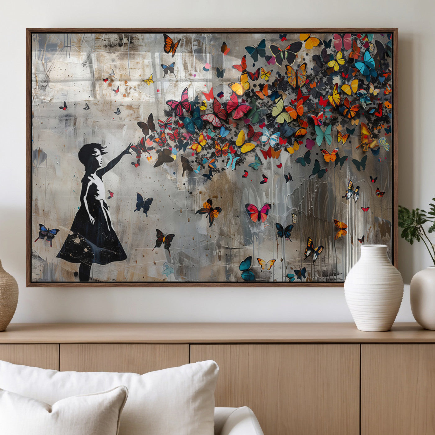 MGV-FP-60X30-3P - Banksy Butterfly Girl Wall Art | 3-Piece Butterfly Girl Canvas