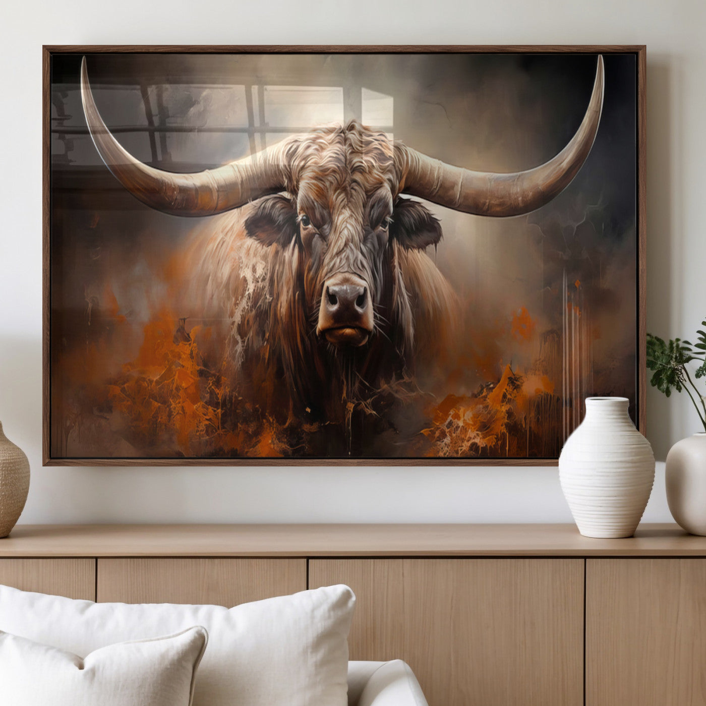 MGV-FP-60X30-3P - Highland Bull Canvas Abstract Canvas Wall Art Print – Powerful Highland Bull with Striking Horns in