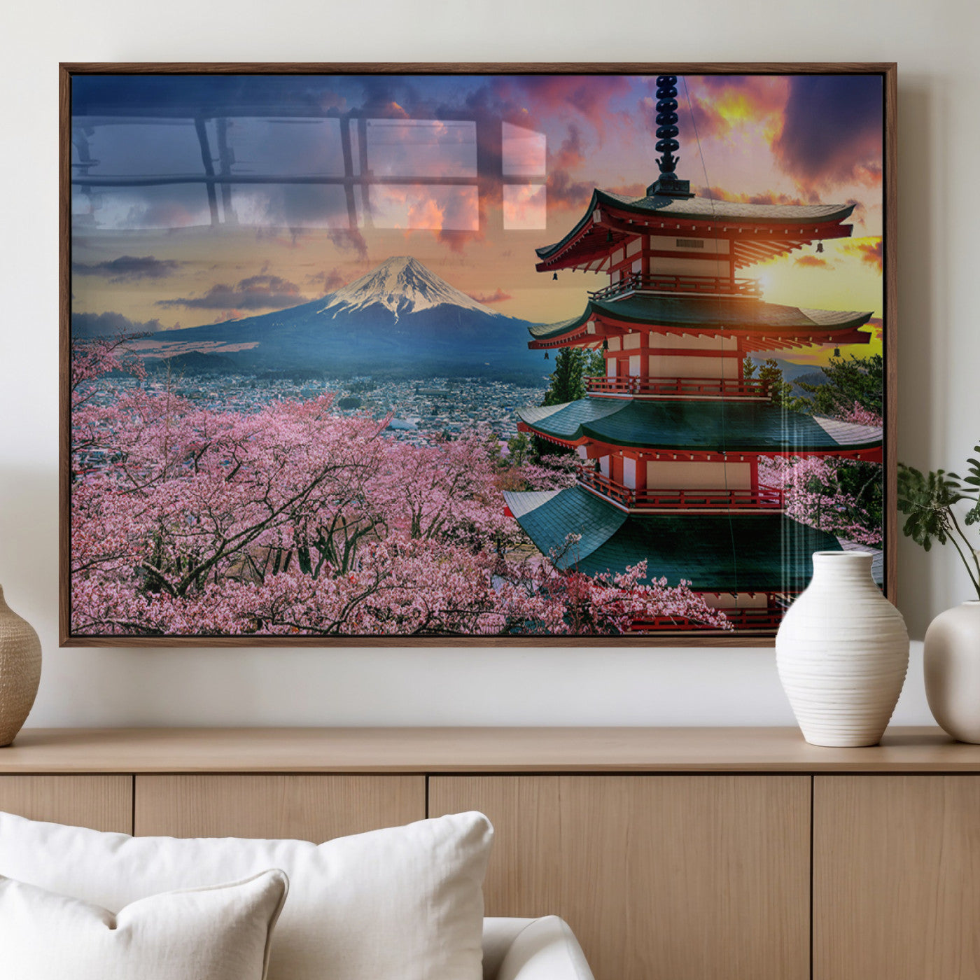MGV-FP-60X30-3P - Mount Fuji & Cherry Blossom Wall Art Canvas Print – Iconic Japanese Landscape, Sakura Pagoda Sunset,