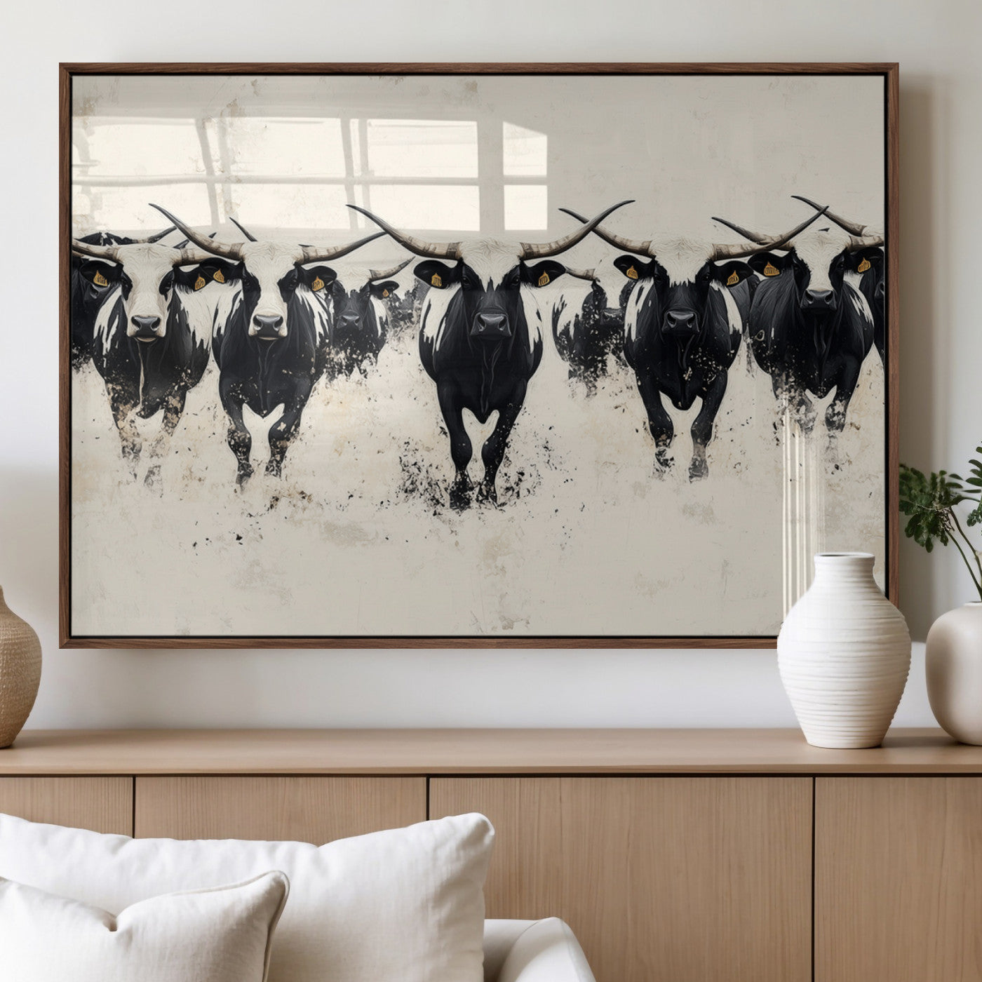 MGV-FP-36X24-3P - Longhorn Cattle Wall Art – Canvas Print of Herd in Motion, Symmetry and Ink Splatter, Minimalist Western Ranch, Bold Rustic Farm Decor