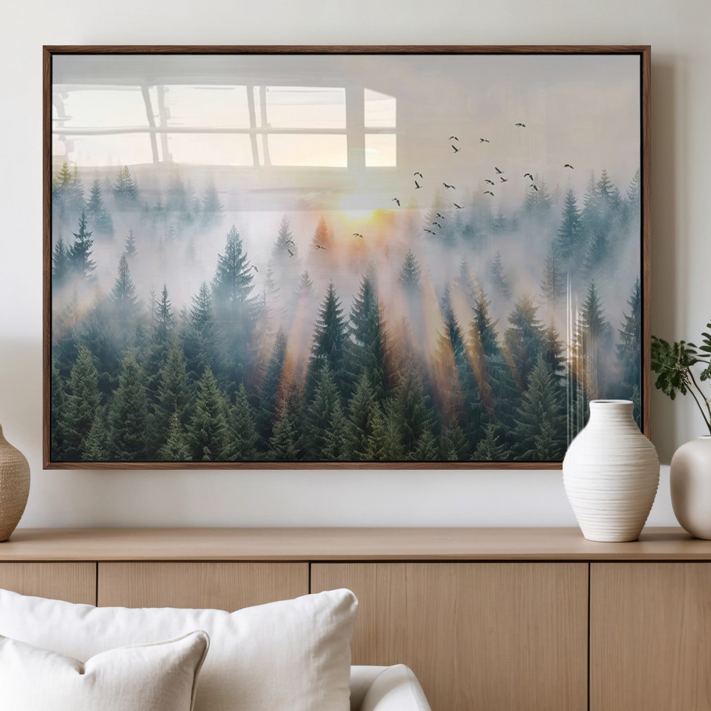 MGV-FP-60X30-3P - Misty Pine Forest Wall Art Canvas, Sunrise Over Foggy Trees Canvas for Home - Office, Framed