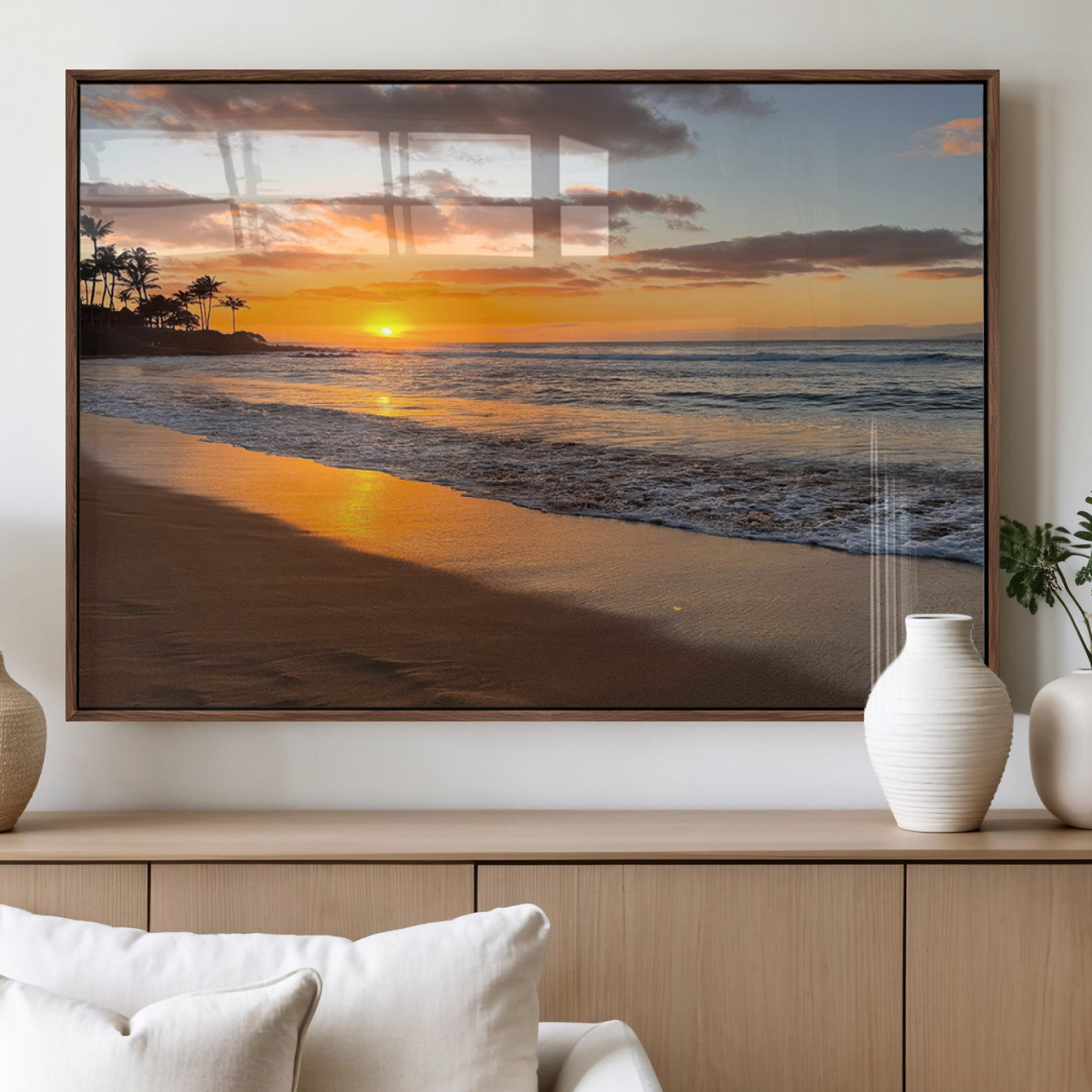 MGV-FP-36X24-3P - Sunset Glow Wall Art – Canvas Print of Ocean Breeze, Golden Sand, Tropical Palm Silhouettes, Tranquil Waves, Beach Nature Decor for Home