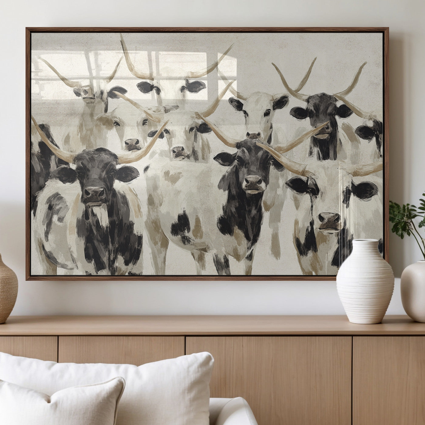 MGV-FP-60X30-3P - Longhorn Texas Cow Drawing Abstract Wall Art Canvas Print for Farmhouse Decor, Texas Bull Printing