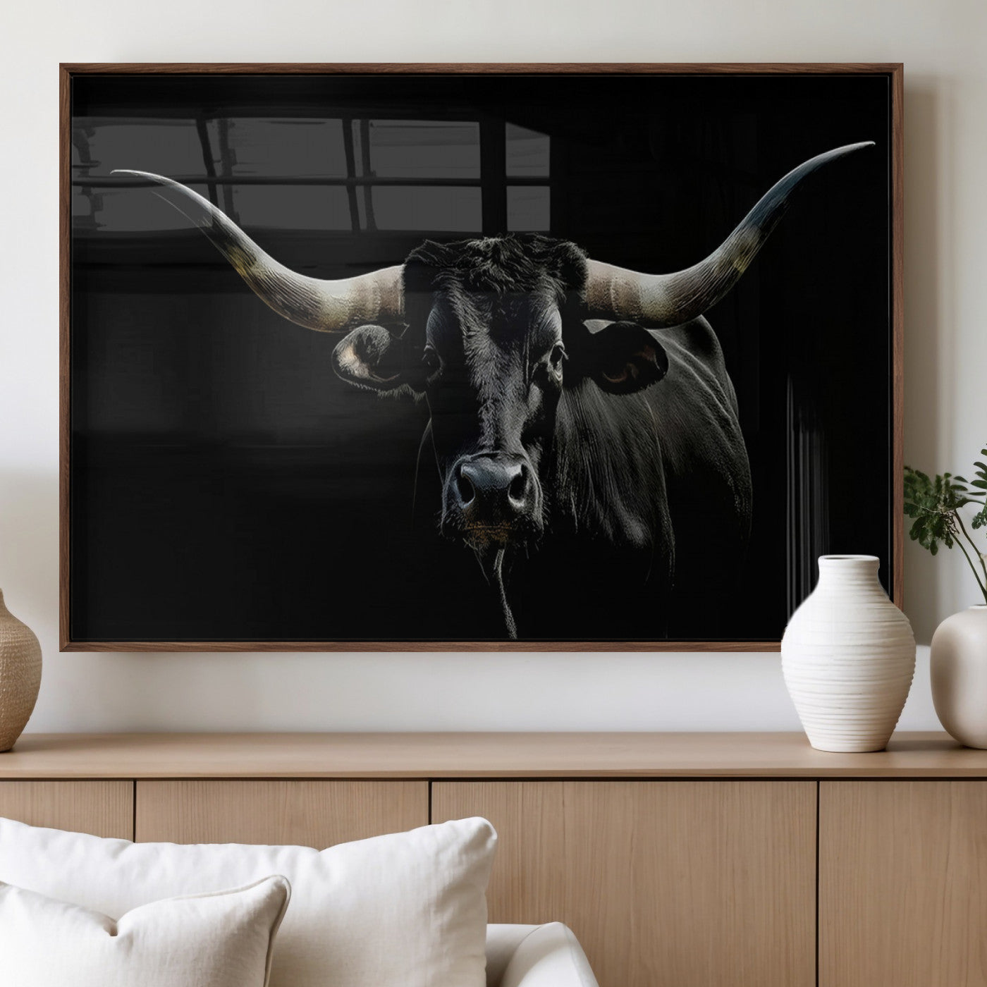MGV-FP-60X30-3P - Texas Black Bull Wall Art Print, Longhorn Bull Canvas Wall Art