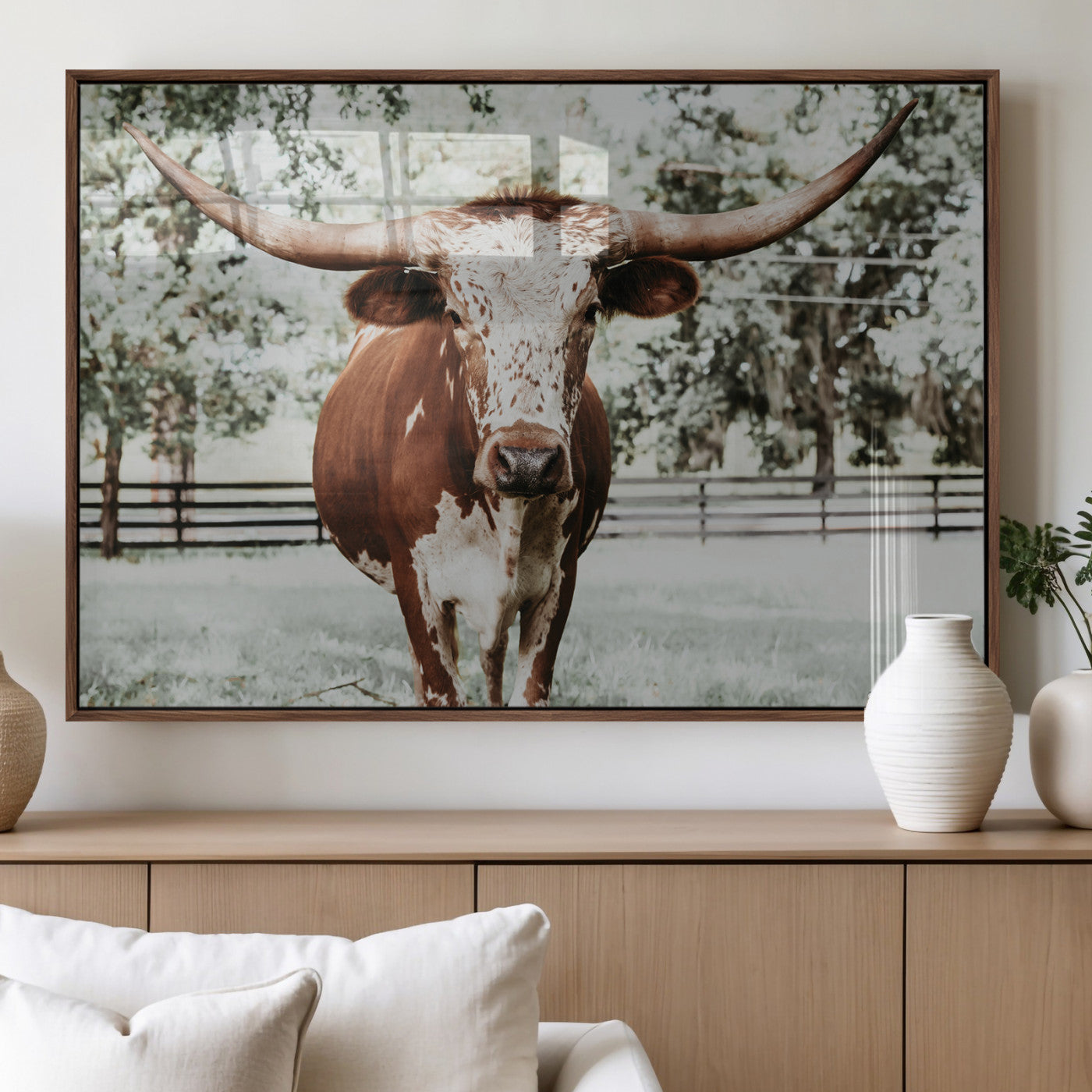 MGV-FP-60X30-3P - Texas Longhorn Wall Art Canvas Print, Framed Spotted Cow Art Picture Print, Horned Cattle Perfect Rustic Western Decor Artwork