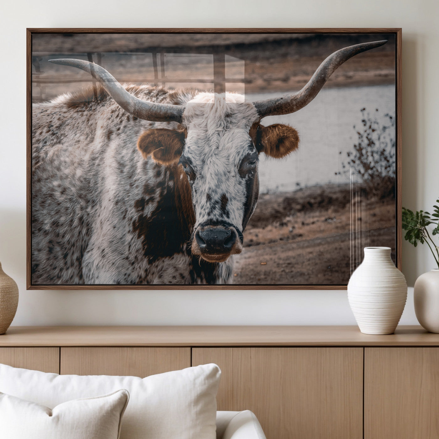 MGV-FP-60X30-3P - Texas Longhorn Wall Art Canvas Print, Framed Spotted Cow Art Picture Print, Horned Cattle Perfect Rustic Western Decor Artwork