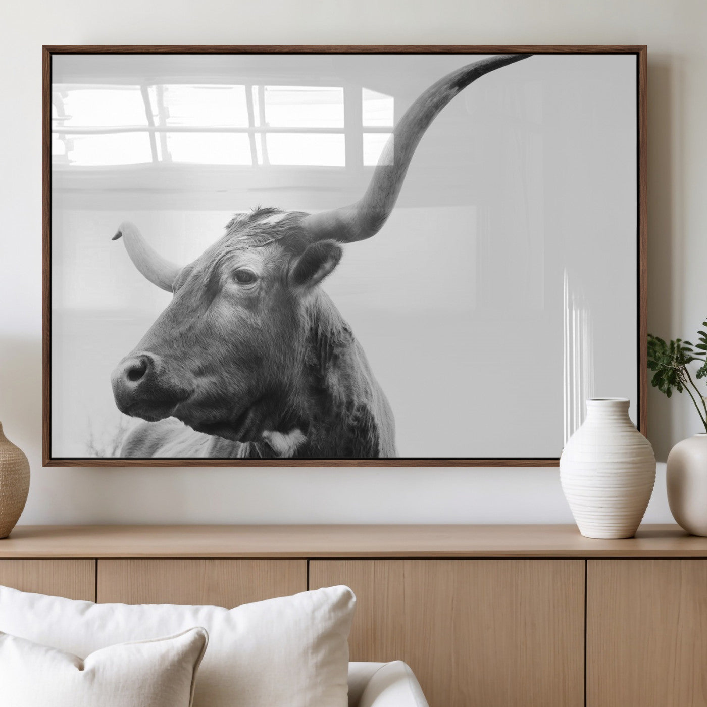MGV-FP-60X30-3P - Longhorn Wall Art Wall Art Canvas Print, Framed Modern Ranch Style Art Art Picture Print, Monochrome Cow Print Perfect Rustic Western Decor Artwork