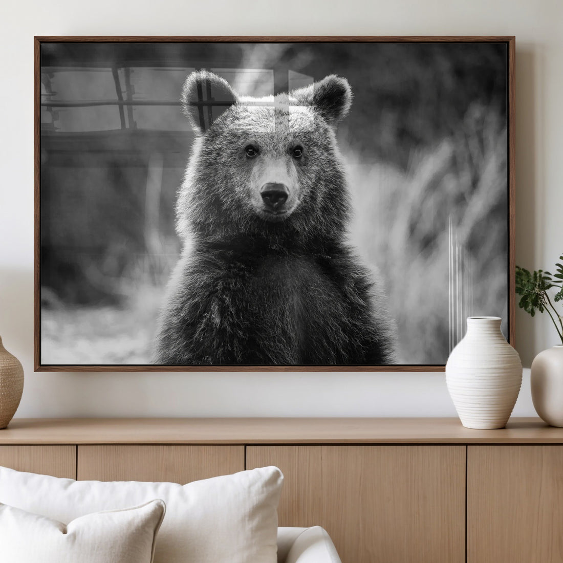 Grizzly Bear Wall Art Canvas Print, Framed Black and White Rustic Wildlife Decor