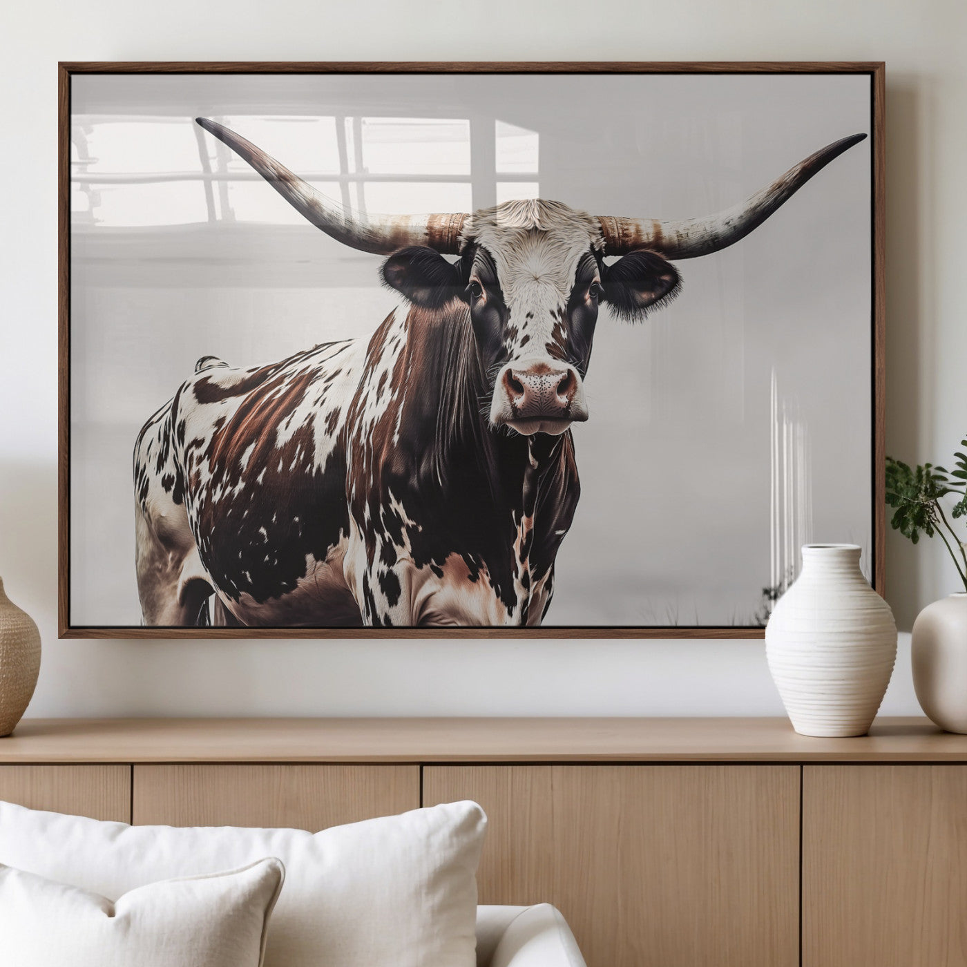 Close-up of a Texas Longhorn bull with powerful horns, perfect for rustic farmhouse or country-themed home decor. Ideal for animal lovers.