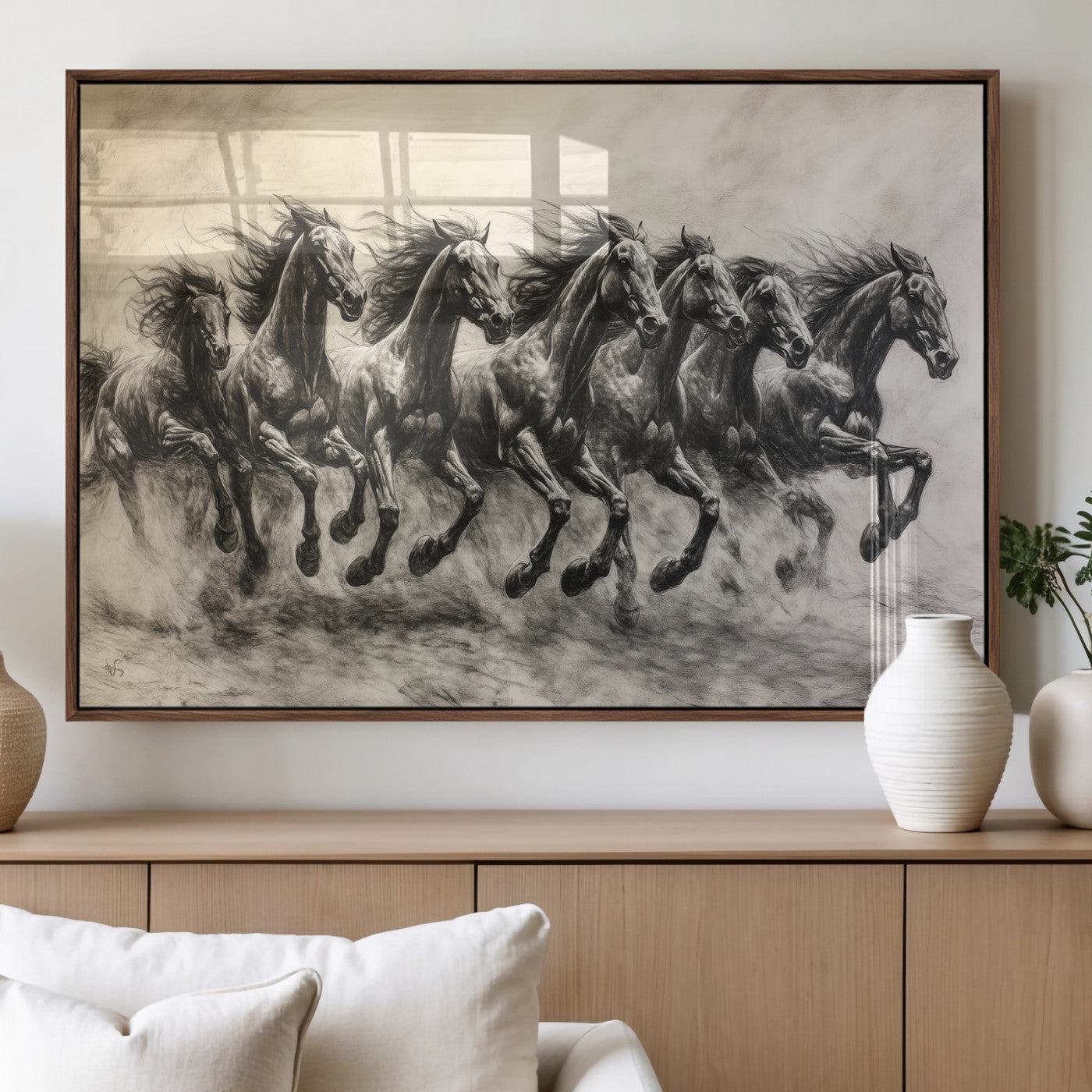 Monochrome drawing of a herd of galloping horses, perfect for dynamic and wild-themed decor in any equestrian or nature-inspired room.