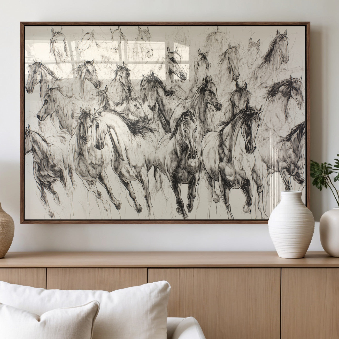 Monochrome ink sketch of galloping horses in dynamic motion, perfect for western or equine-themed wall decor with bold artistic energy.