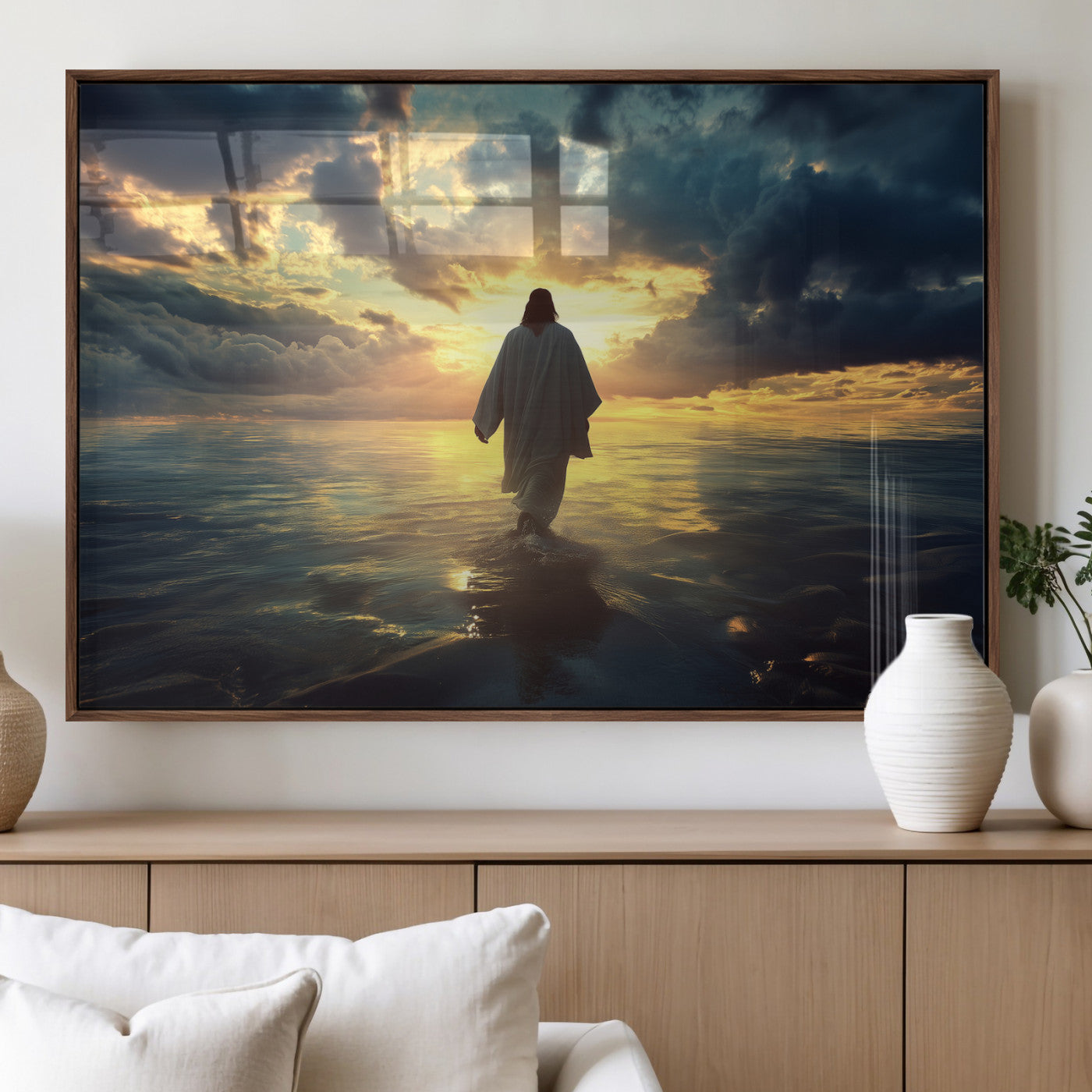 Spiritual artwork of Jesus walking on water at golden hour with divine light, ideal for Christian home decor or prayer room.