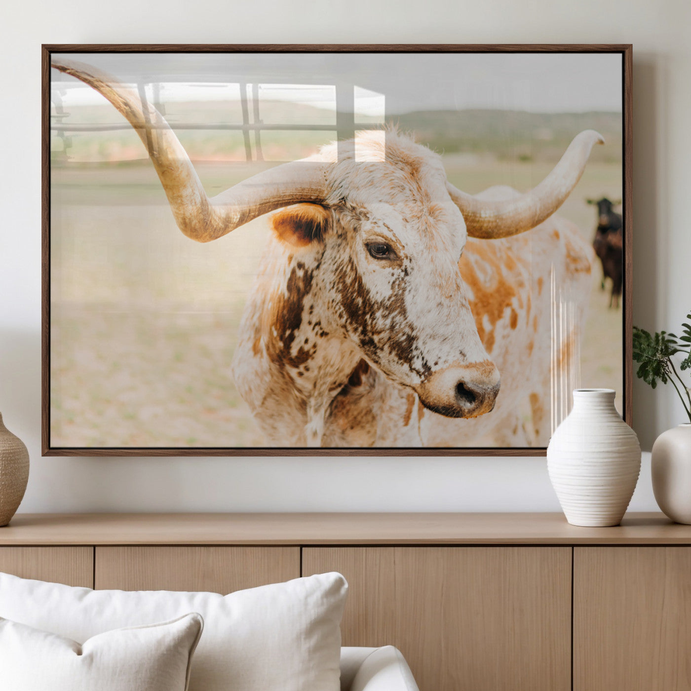 MGV-FP-60X30-3P - Texas Longhorn Wall Art Canvas Print, Framed Speckled Cow Art Picture Print, Rustic Bull Perfect Rustic Western Decor Artwork