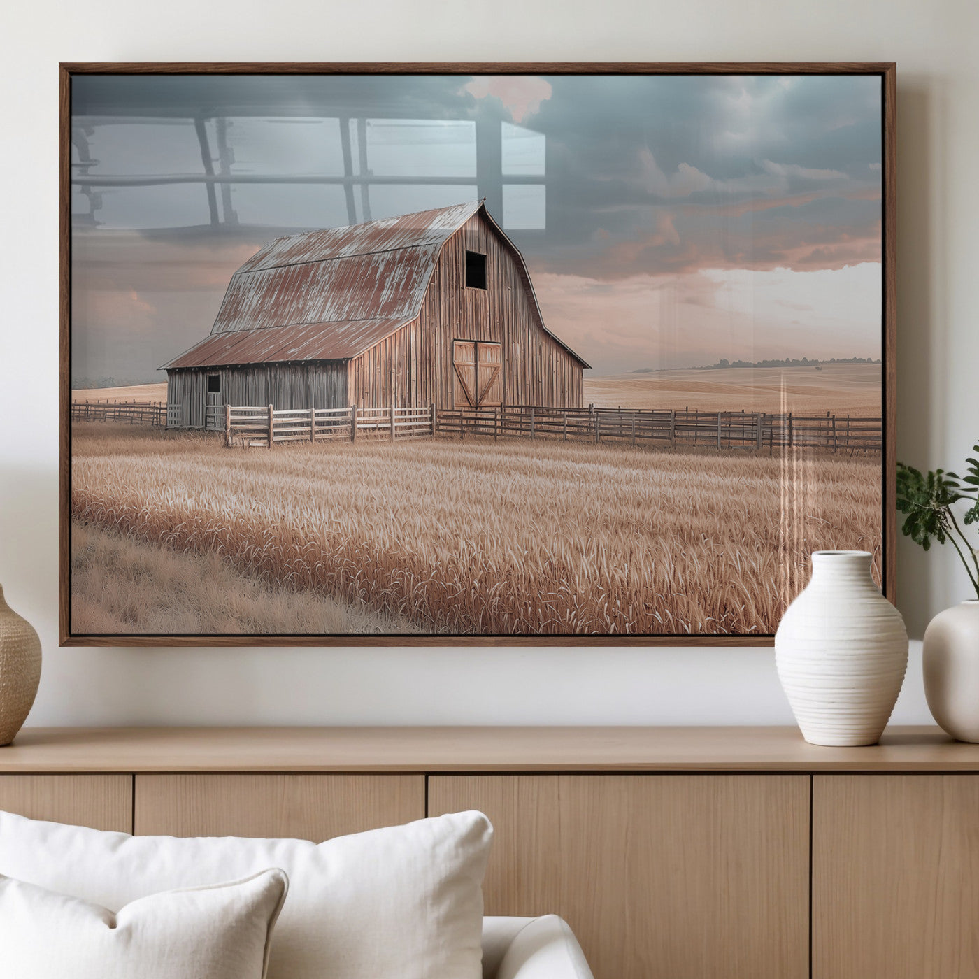 Framed canvas of a rustic barn in a golden wheat field under soft skies, ideal for vintage farmhouse or country-style wall decor.