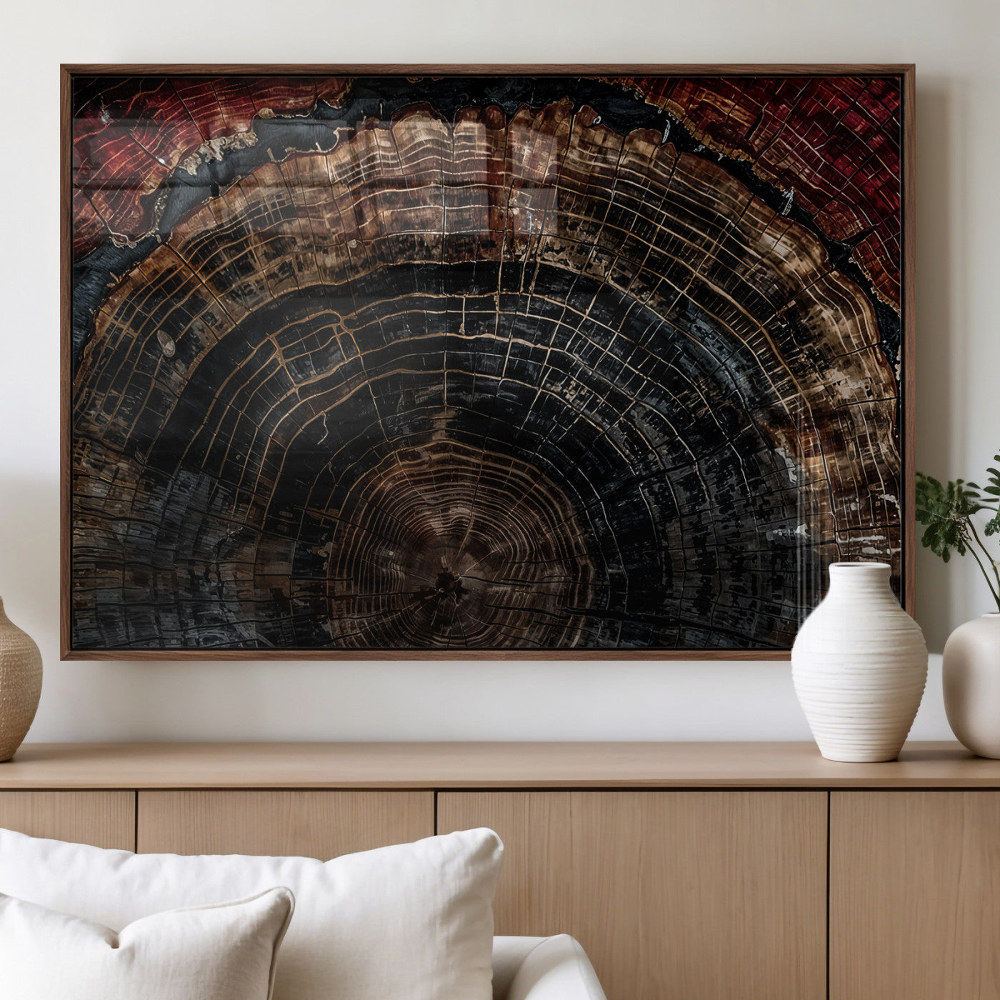 MGV-FP-36X24-3P - Dark Wood Ring Wall Art Canvas Print, Framed Abstract Wood Tree Art Picture Print, Rustic Tree Slice Perfect Rustic Decor Artwork