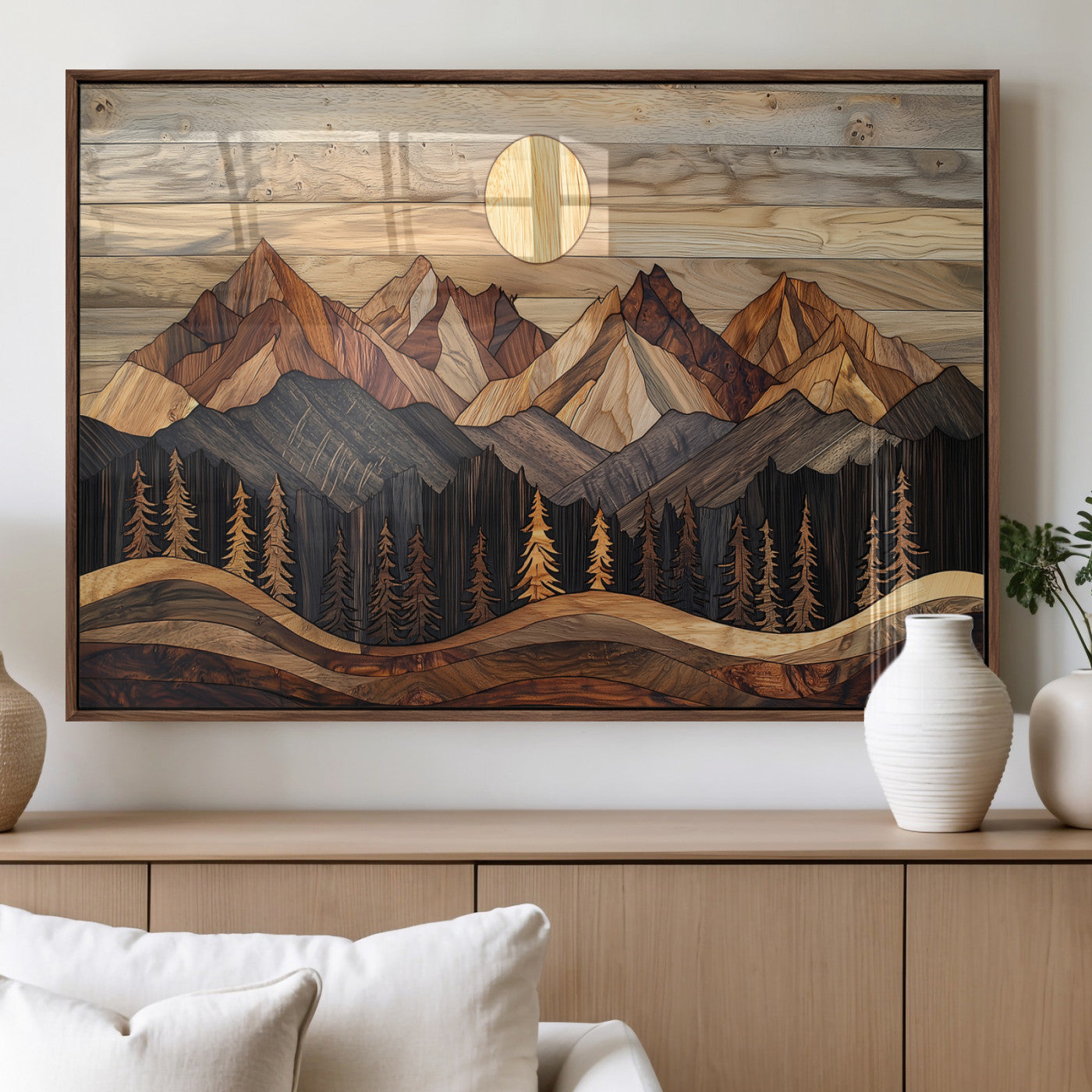 MGV-FP-36X24-3P - Wood Mountain Wall Art Canvas Print, Framed Boho Wood Art Picture Print, Abstract Woodland Perfect Farmhouse Decor Artwork