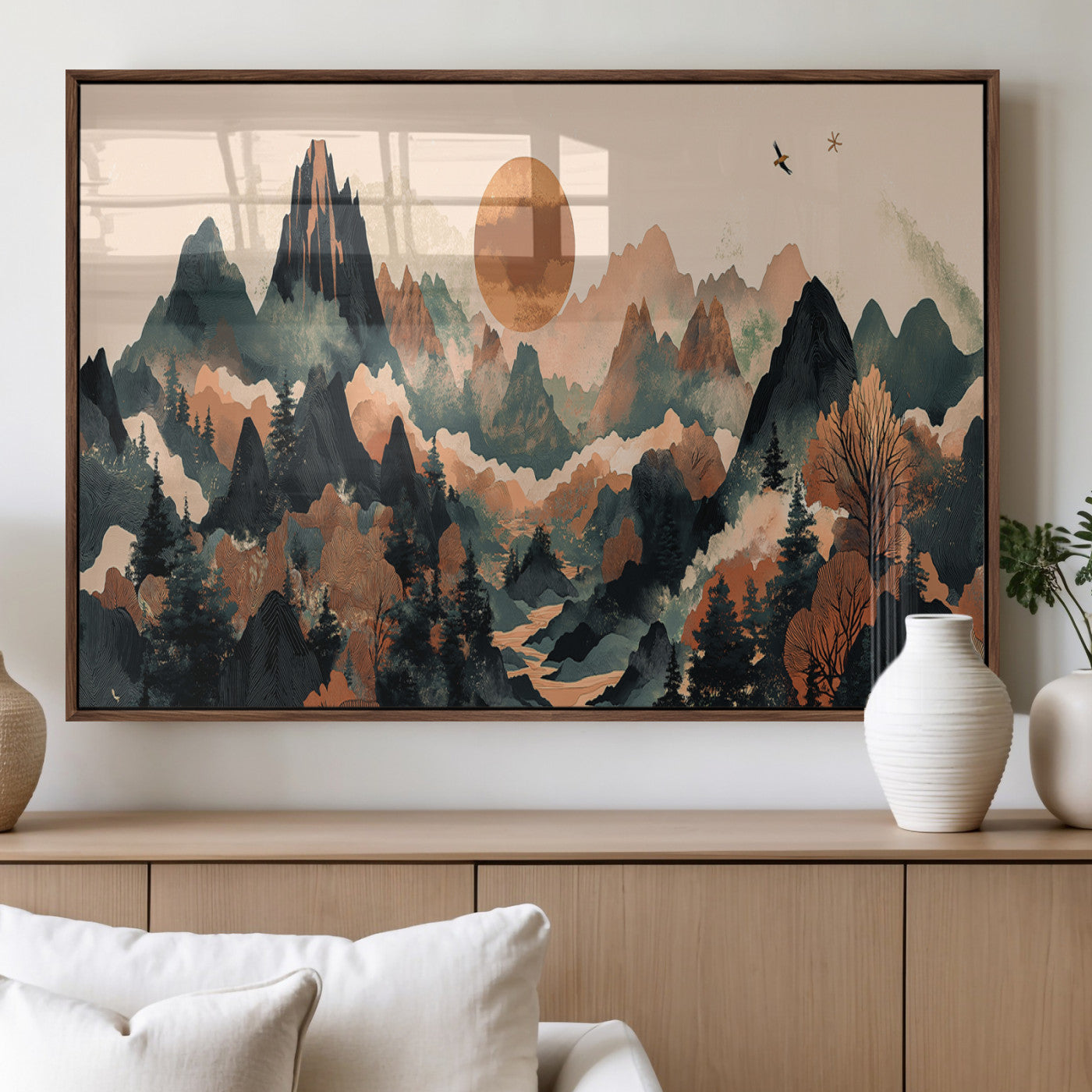 MGV-FP-60X30-3P - Wood Mountain Landscape Wall Art Canvas Print, Framed Sunset Hills Art Picture Print, Abstract Nature Perfect Boho Decor Artwork