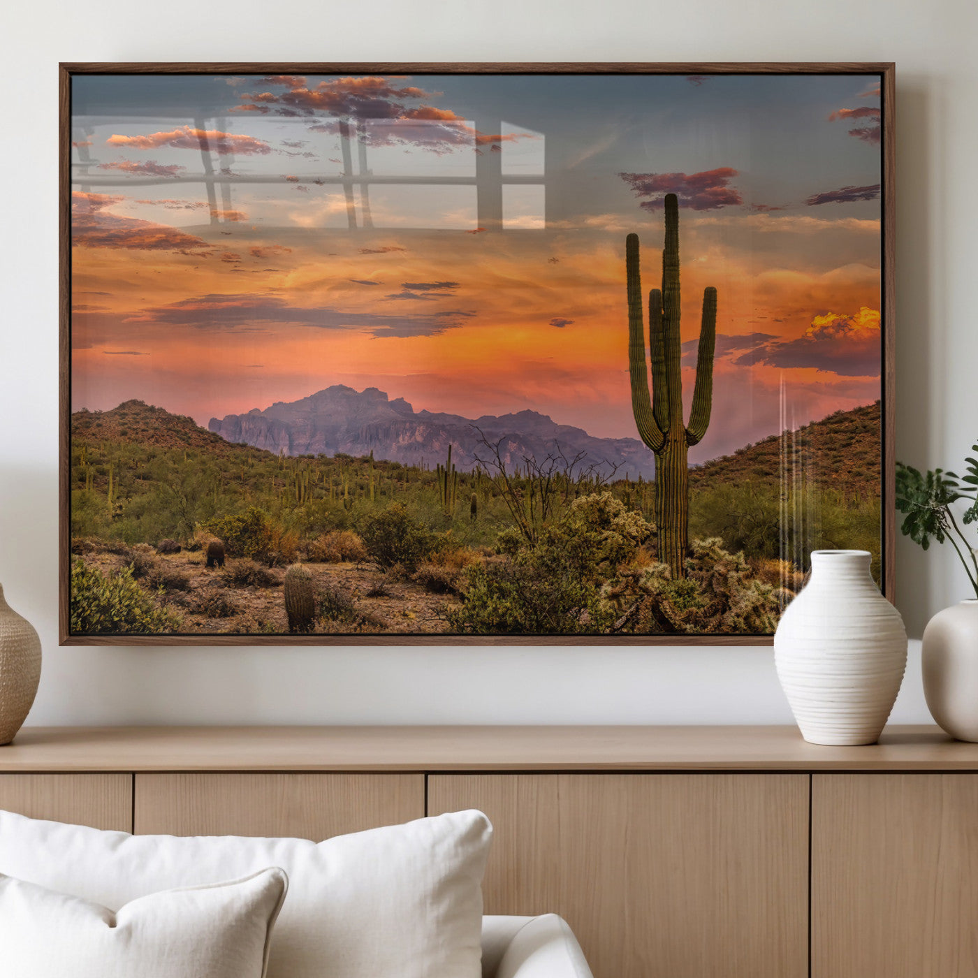MGV-FP-60X30-3P - Saguaro Cactus Wall Art Canvas Print, Framed Arizona Sunset Art Picture Print, Sonoran Desert Perfect Southwestern Boho Decor Artwork