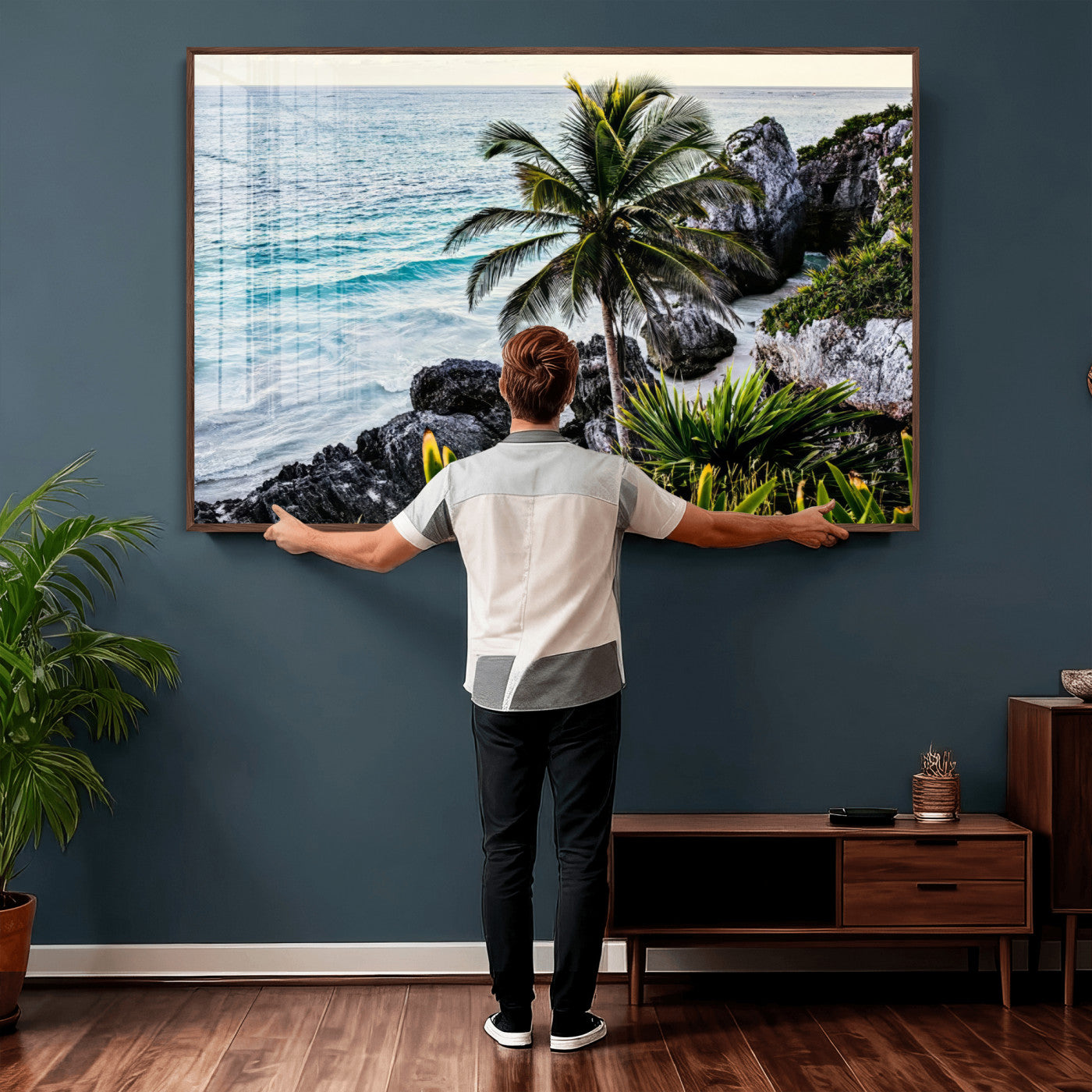 94669907-MGV-CV-36X24 - Tropical Palm Wall Art – Coastal Rocks Canvas Print, Ocean Breeze, Sandy Shore, Vibrant Green Foliage for Living Room or Beach House Decor