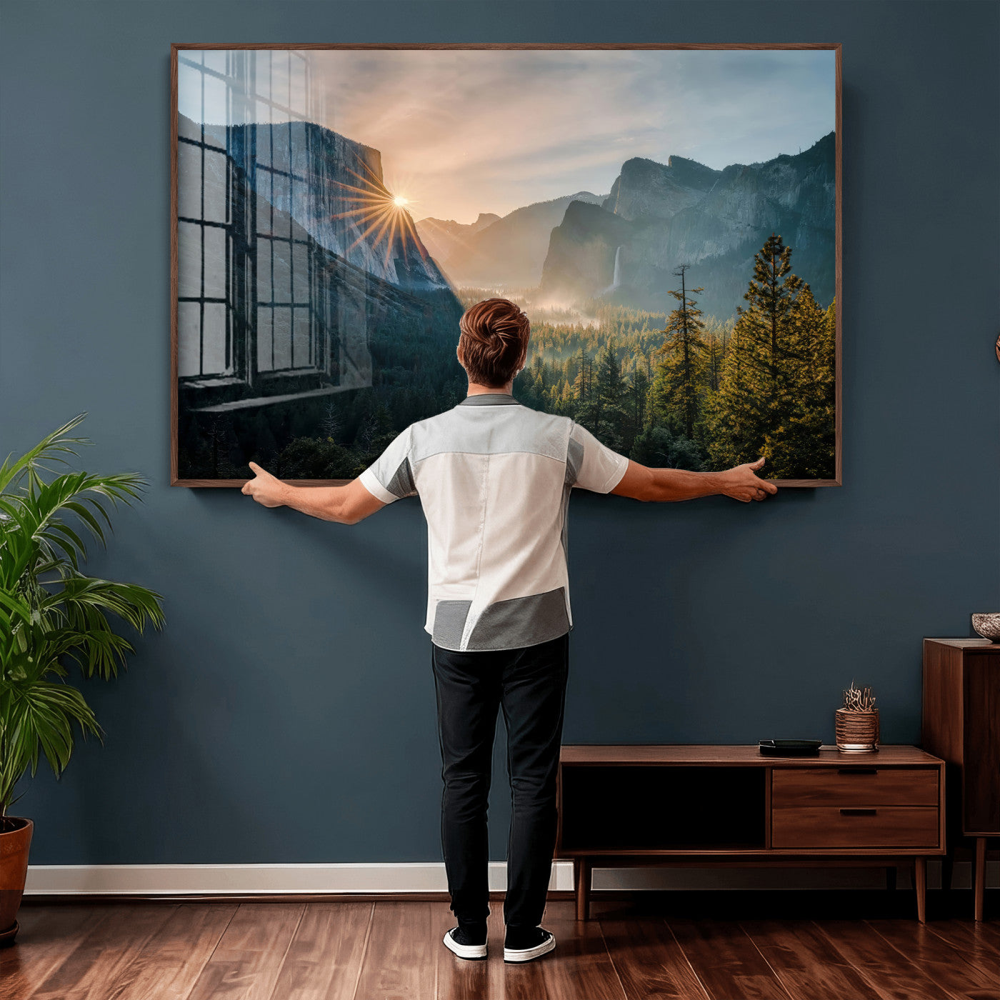 51605481-MGV-CV-36X24 - Yosemite Valley Wall Art – Misty Forest Peaks Canvas Print, Radiant Light, Tranquil Nature Landscape for Living Room or Cabin Decor