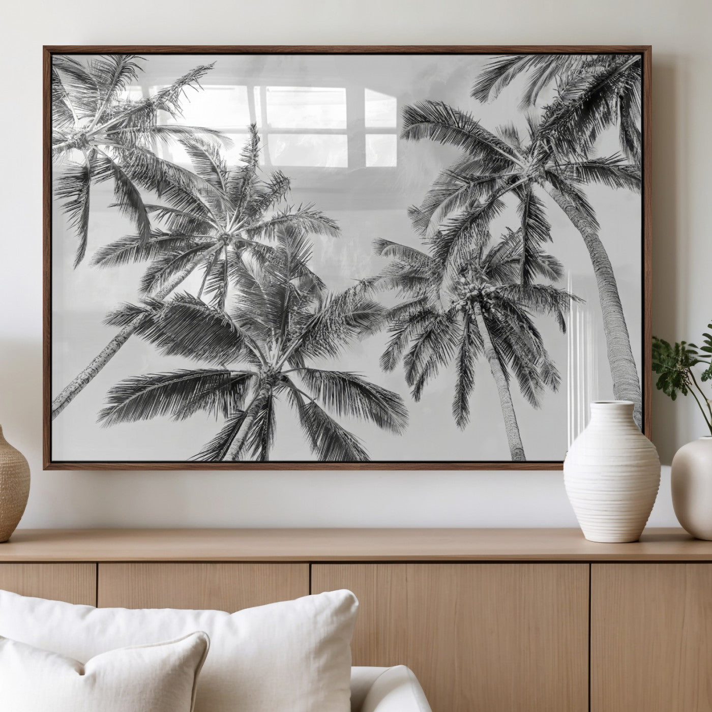 MGV-FP-60X30-3P - Black White Palm Wall Art Canvas Print, Framed Monochrome Tropics Art Picture Print, Minimalist Beach Perfect Coastal Minimalist Decor Artwork