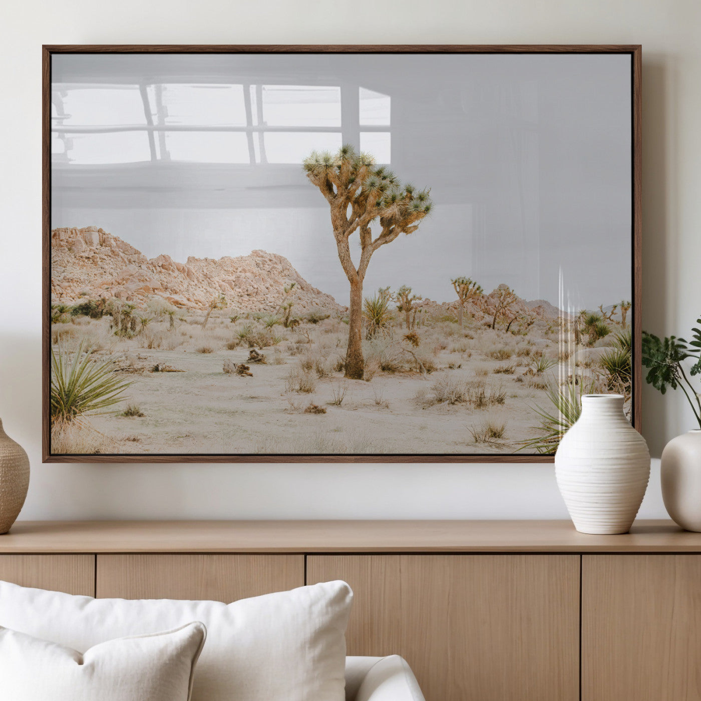 MGV-FP-36X24-3P - Joshua Tree Wall Art Canvas Print, Framed Neutral Desert Art Picture Print, Earthy Landscape Perfect Neutral Boho Decor Artwork