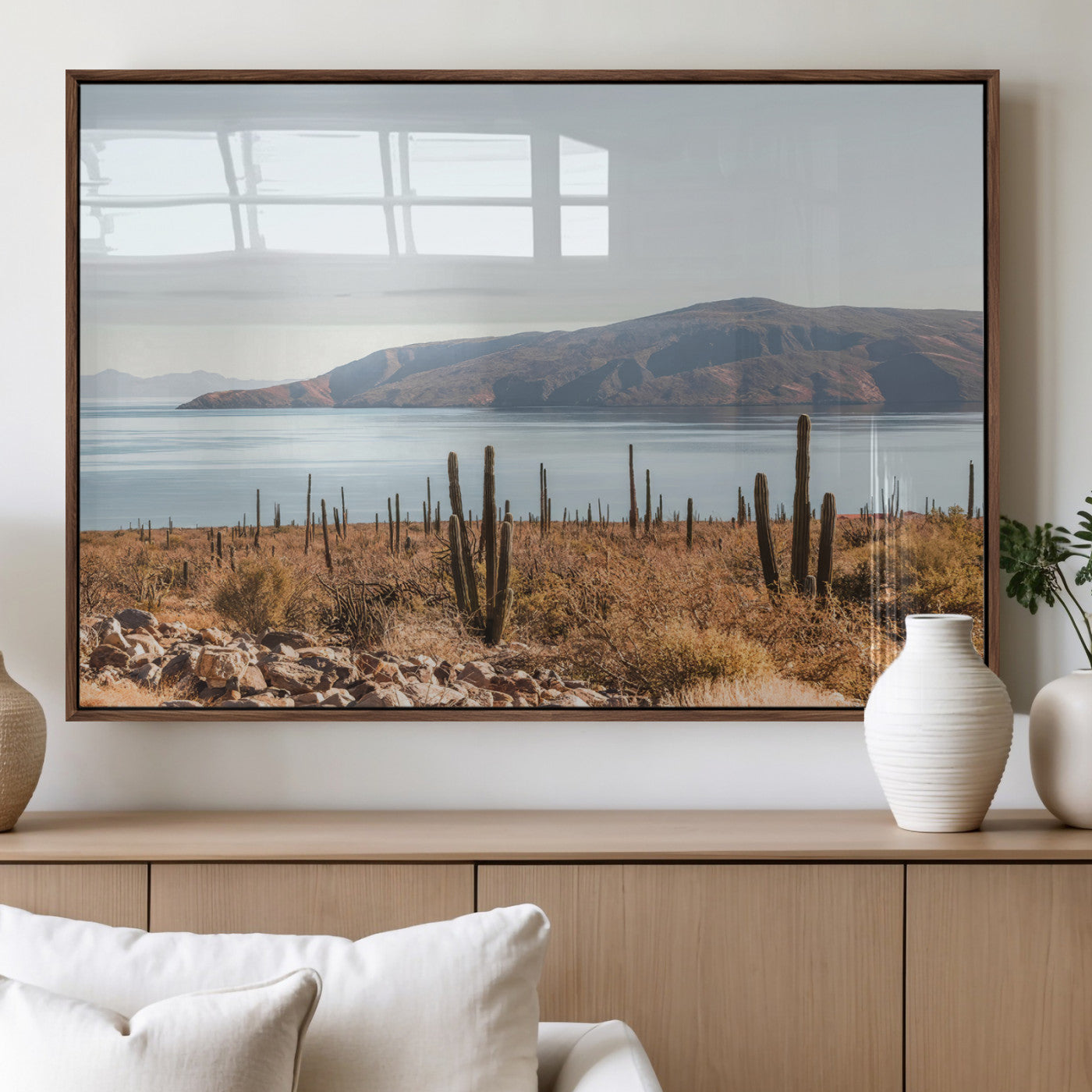 MGV-FP-36X24-3P - Desert Cactus Wall Art Canvas Print, Framed Baja Coastline Art Picture Print, Coastal Desert Perfect Southwestern Minimalist Decor Artwork