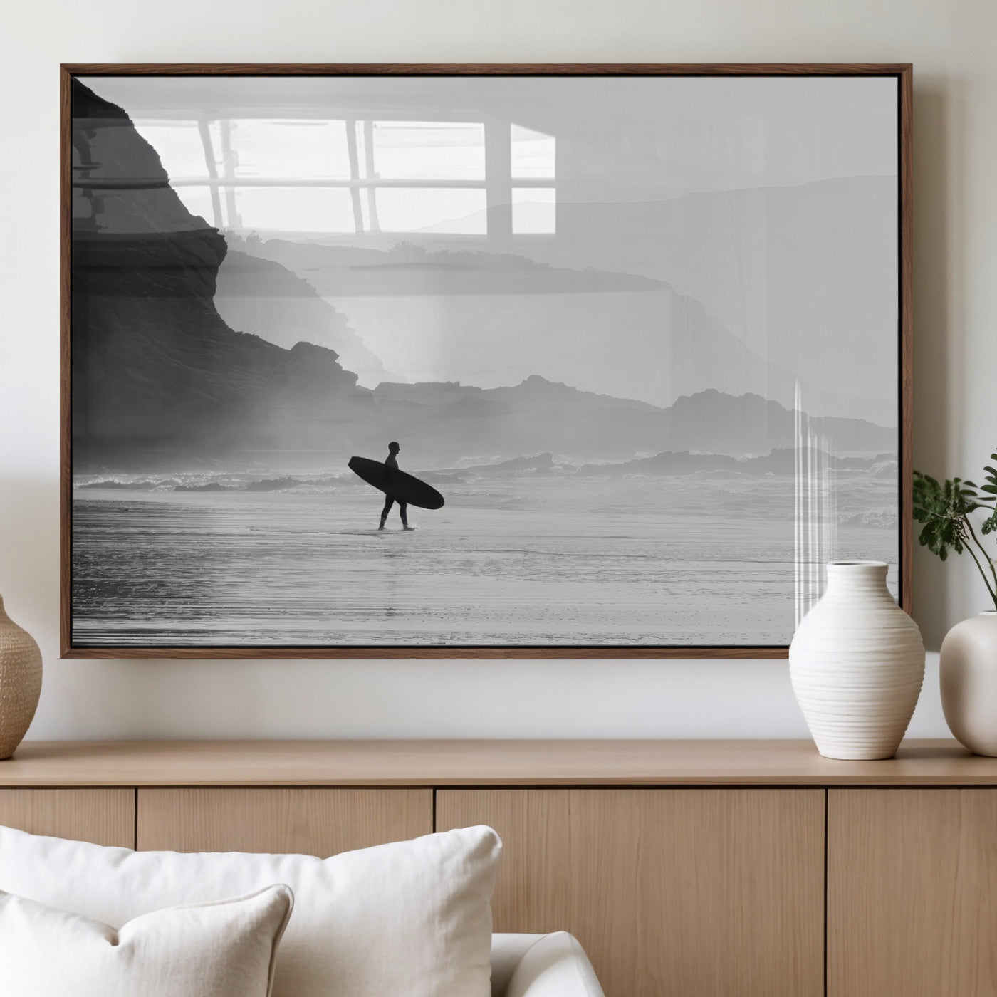 MGV-FP-36X24-3P - Surfer In Fog Wall Art Canvas Print, Framed Moody Shoreline Art Picture Print, Cliffside Waves Perfect Minimalist Coastal Decor Artwork