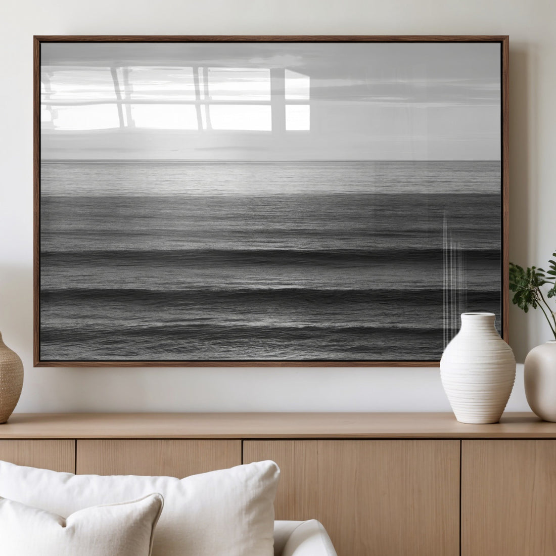 Monochrome Ocean Wall Art Canvas Print, Framed Moody Ocean Art, Calm Coastal Decor