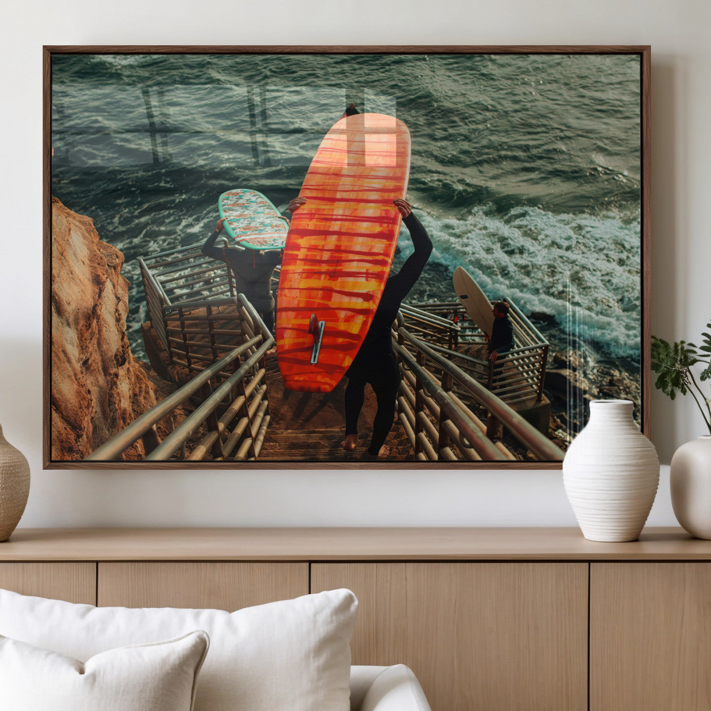 MGV-FP-36X24-3P - Surfer Stairway Wall Art Canvas Print, Framed Ocean Surf Art Picture Print, Sunset Coastal Perfect Coastal Adventure Decor Artwork