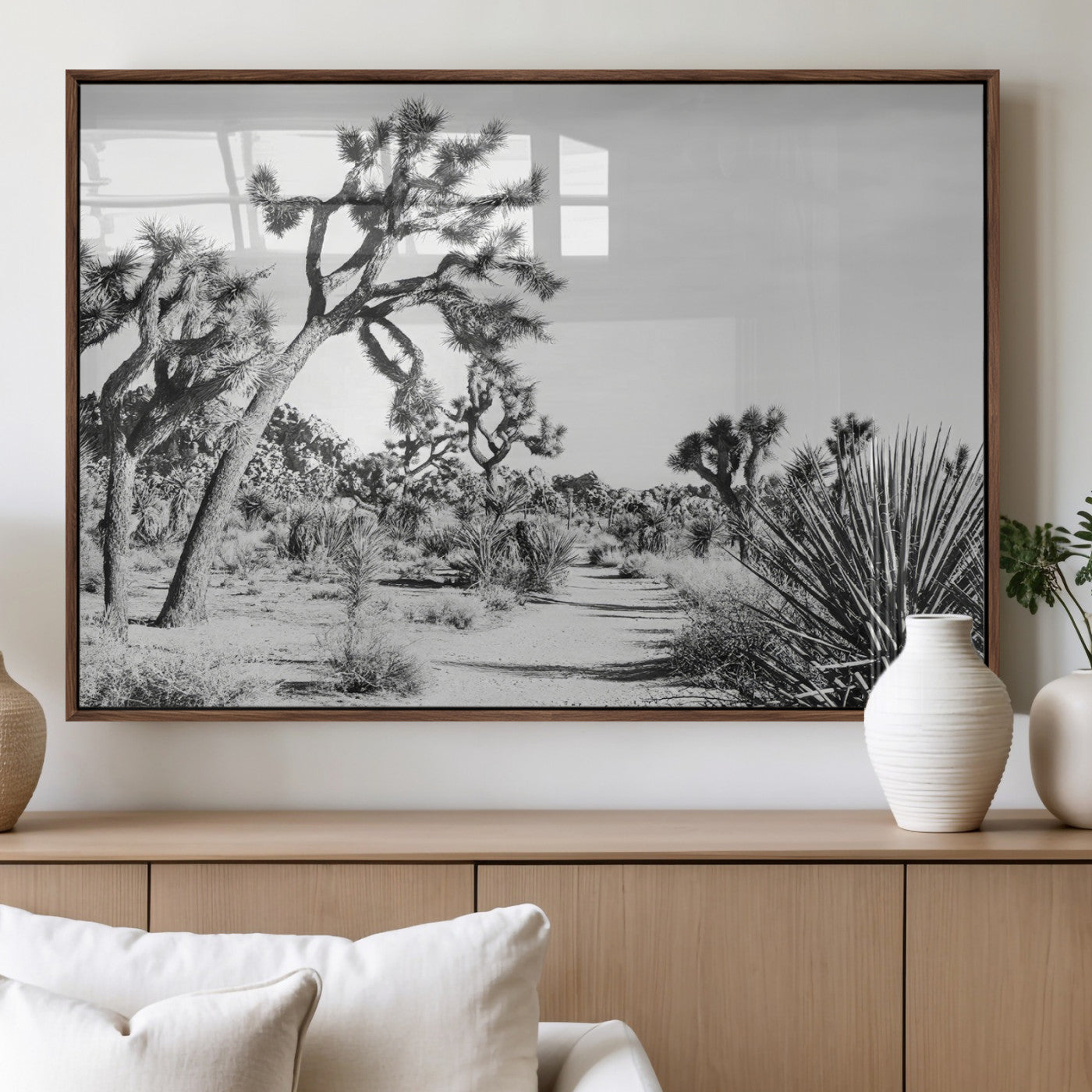 Canvas of a Joshua Tree forest in black and white tones, featuring a desert path and spiky vegetation, ideal for minimalist or rustic decor.