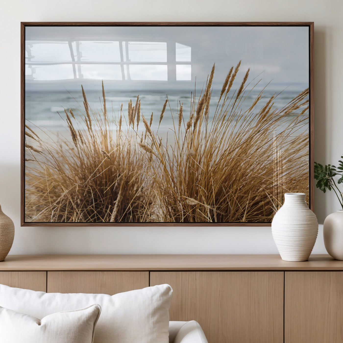 Canvas of golden beach grass swaying by the ocean under a soft cloudy sky, perfect for neutral-toned or coastal minimalist decor.