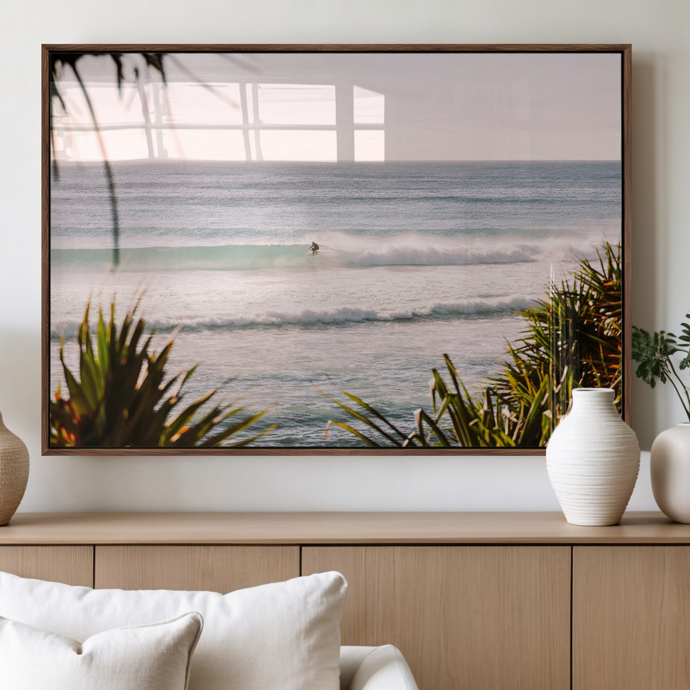 Canvas of a lone surfer riding a pastel wave at sunrise, perfect for tropical or coastal-themed spaces with a relaxed, airy vibe.
