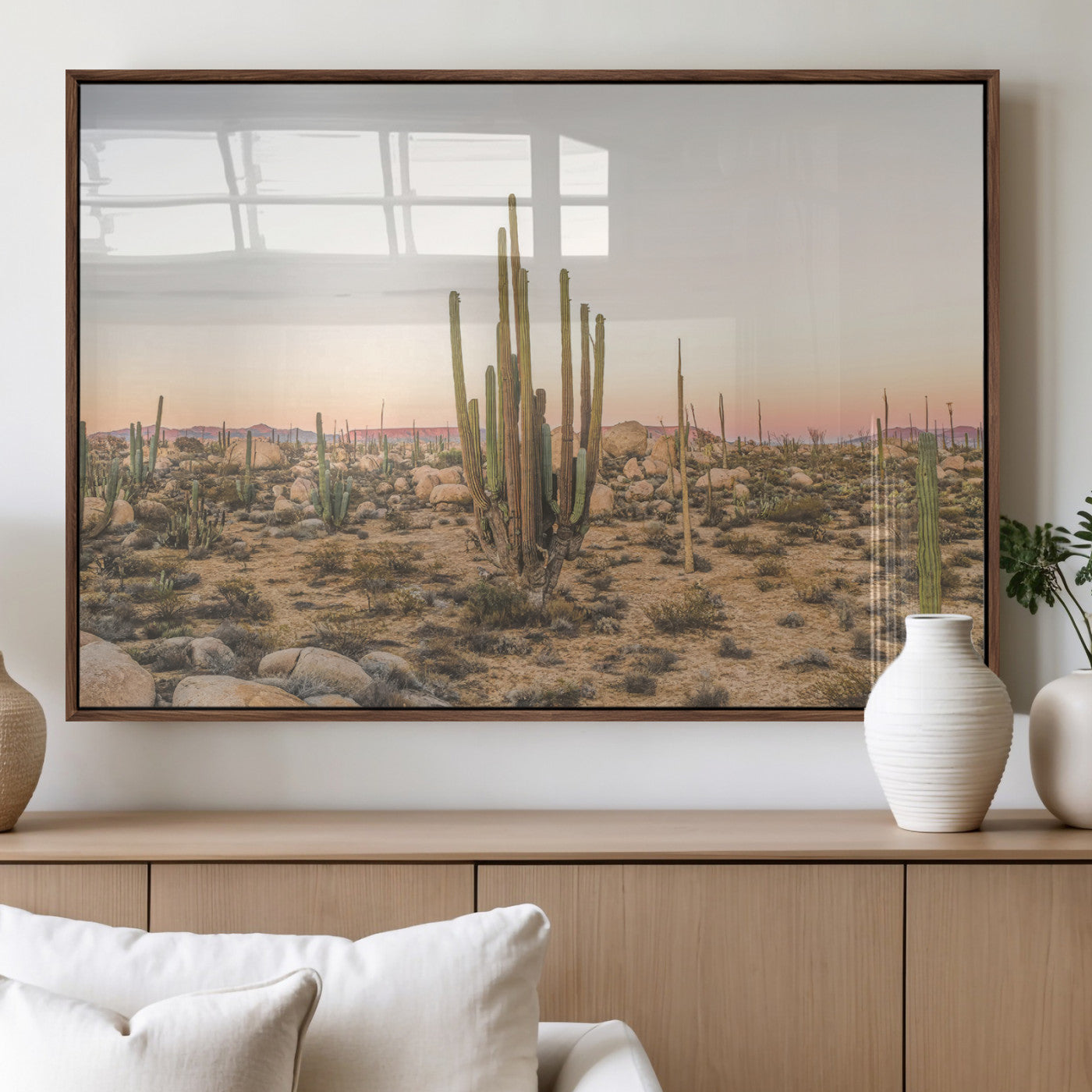 Canvas of tall desert cacti in warm sunset tones over a rocky Baja landscape, ideal for earthy or Southwestern-style home decor.