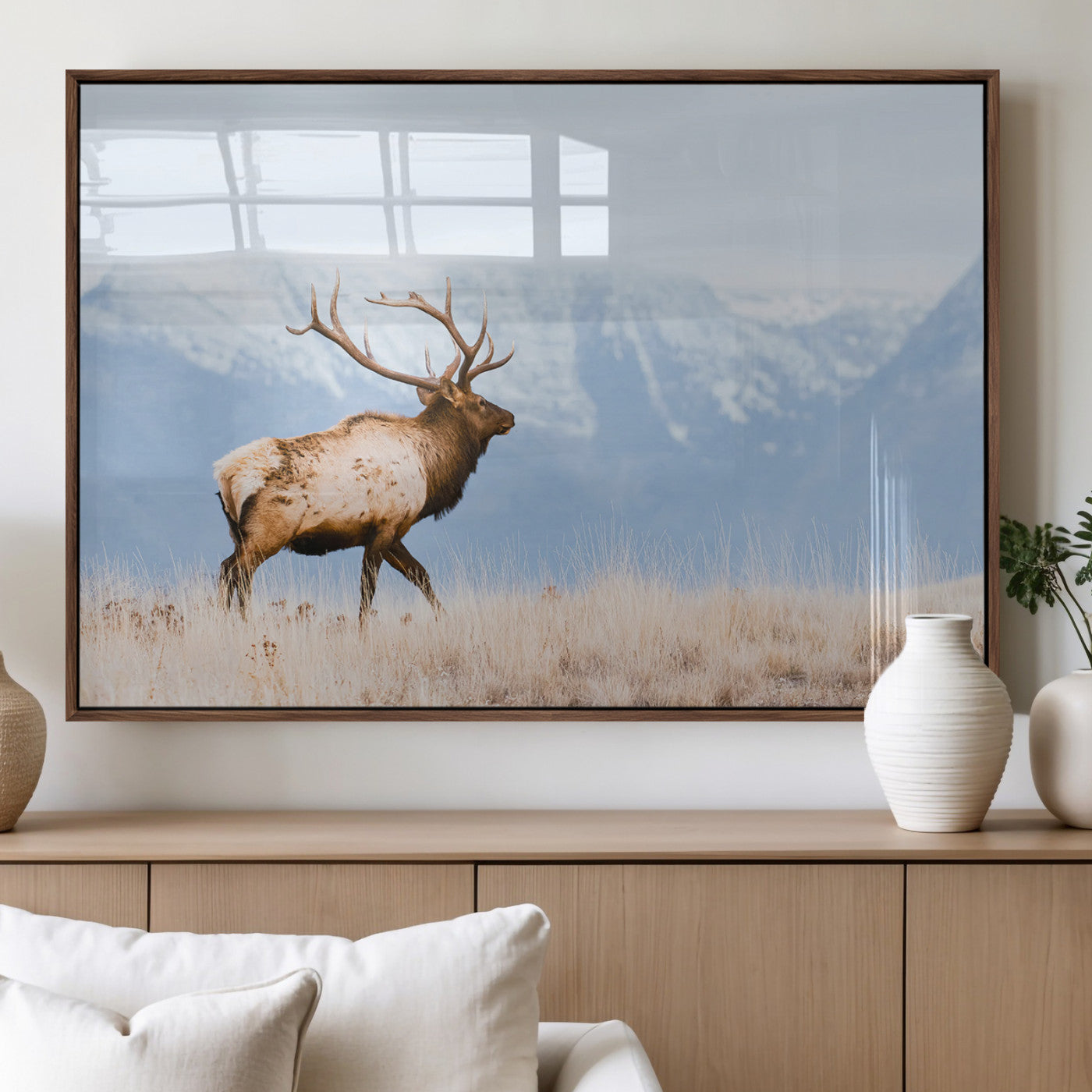 An elk walking on snowy grassland with majestic mountains in the background, ideal for rustic lodge or cabin wall decor.