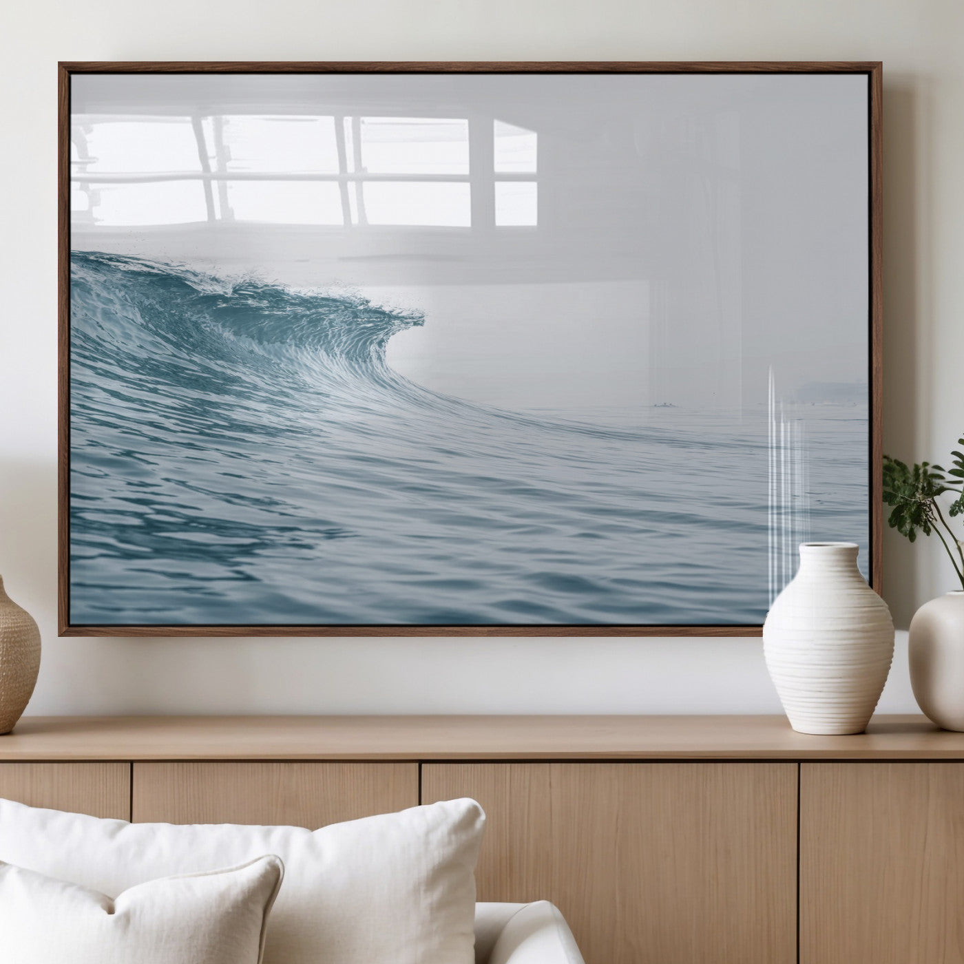 A single ocean wave curling in soft blue tones under a misty sky, ideal for coastal or minimalist home wall decor.