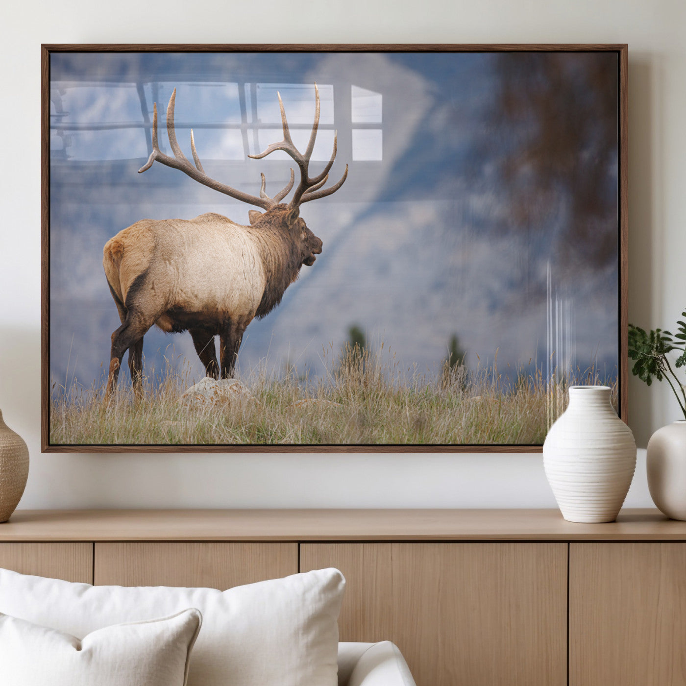 Elk with antlers standing on grass with mountain background, ideal for rustic, cabin, or lodge-inspired wall decor.