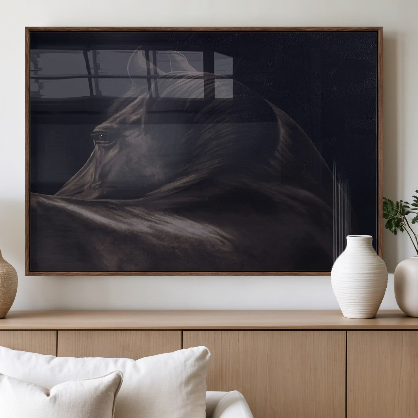 Moody black horse portrait with dramatic lighting on dark background, ideal for rustic, modern or Western style home decor.