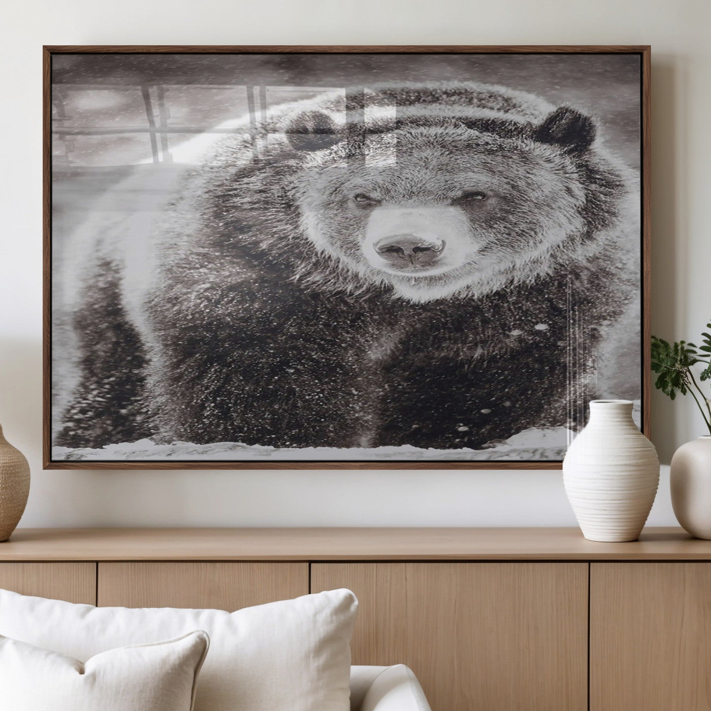 Snow-covered grizzly bear in black and white, ideal for rustic lodge, cabin or wildlife-themed home wall decor.